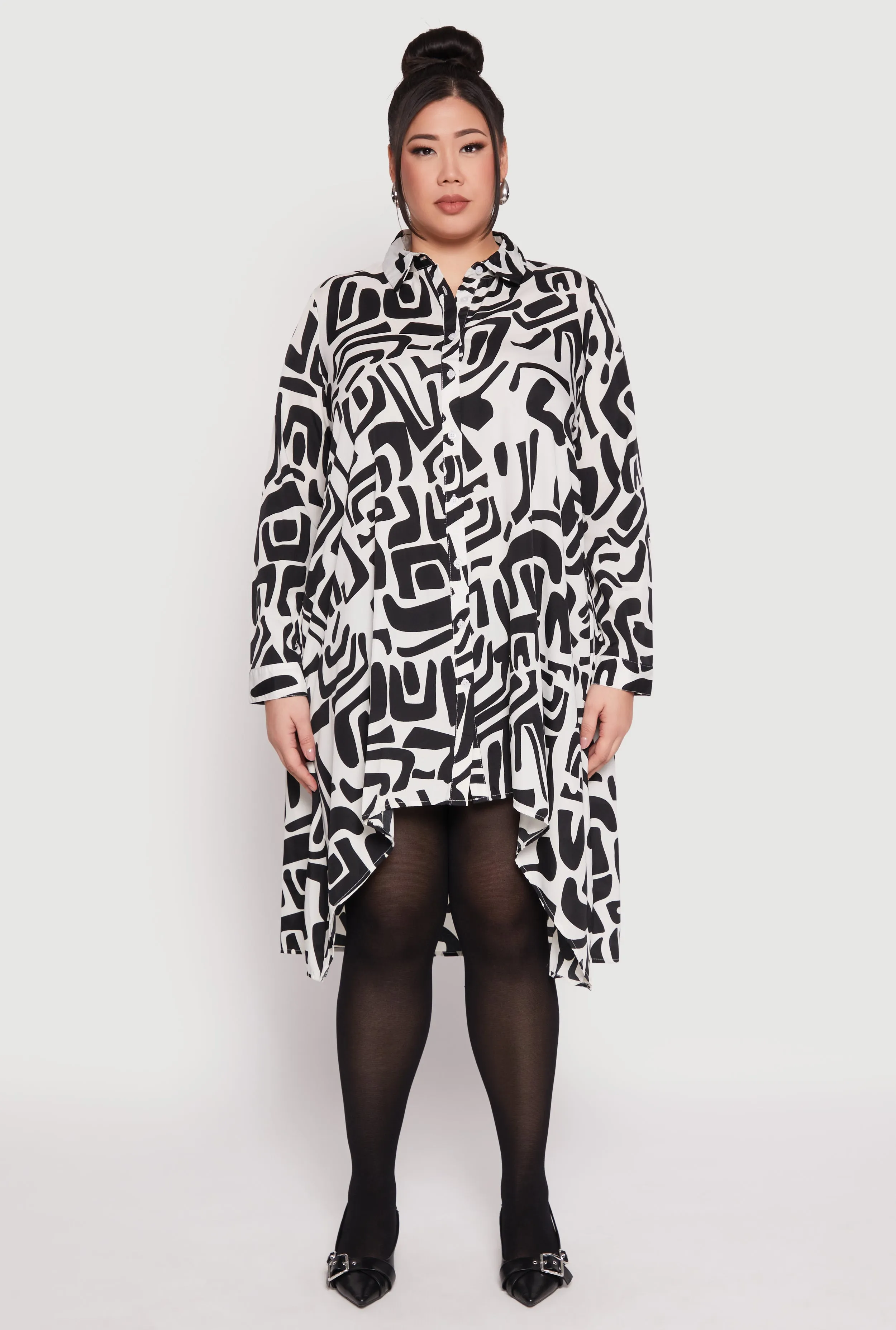 Plus Size Abstract Patterned High Low Shirt Dress sold by Rainbow