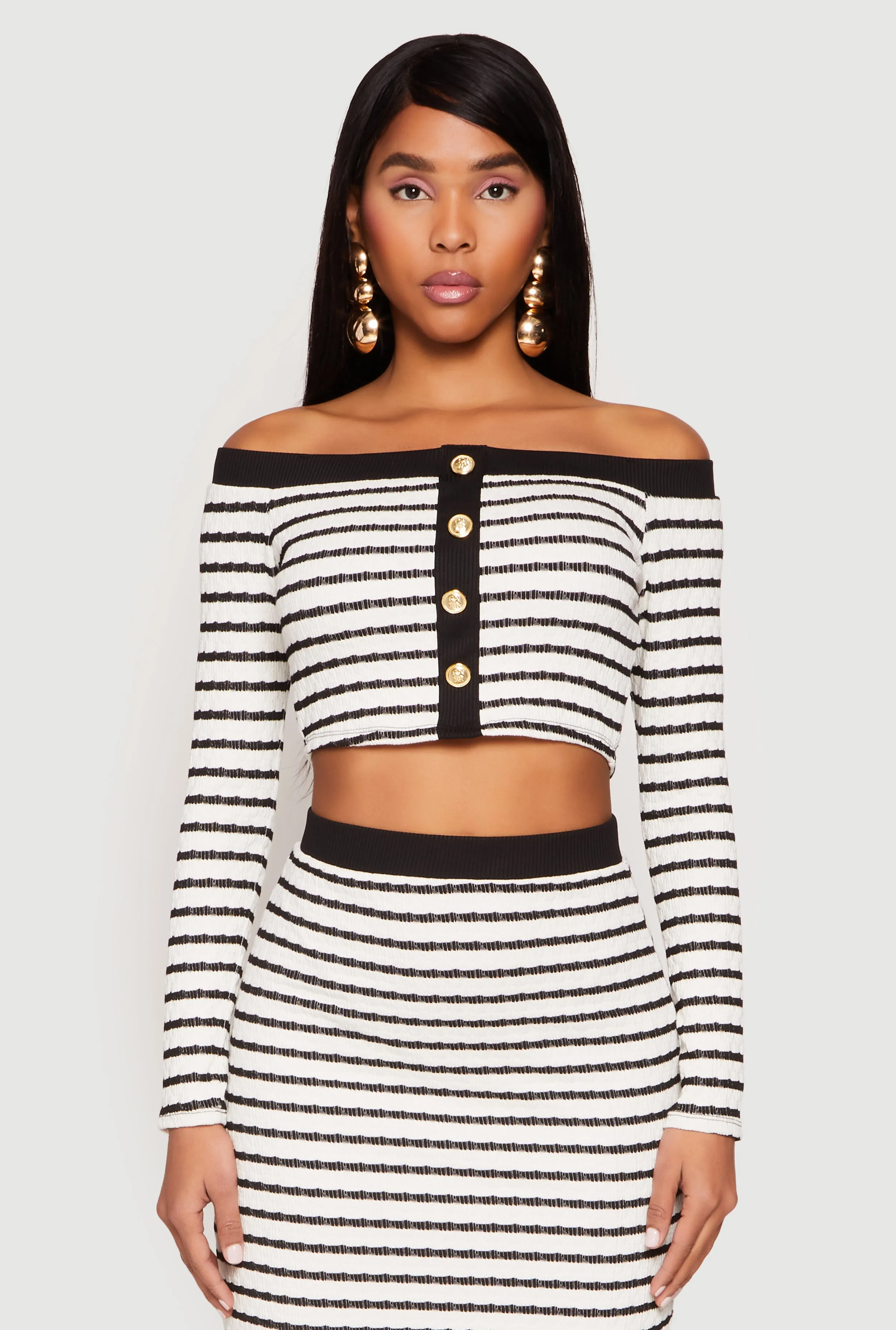 Textured Knit Striped Off the Shoulder Top sold by Rainbow