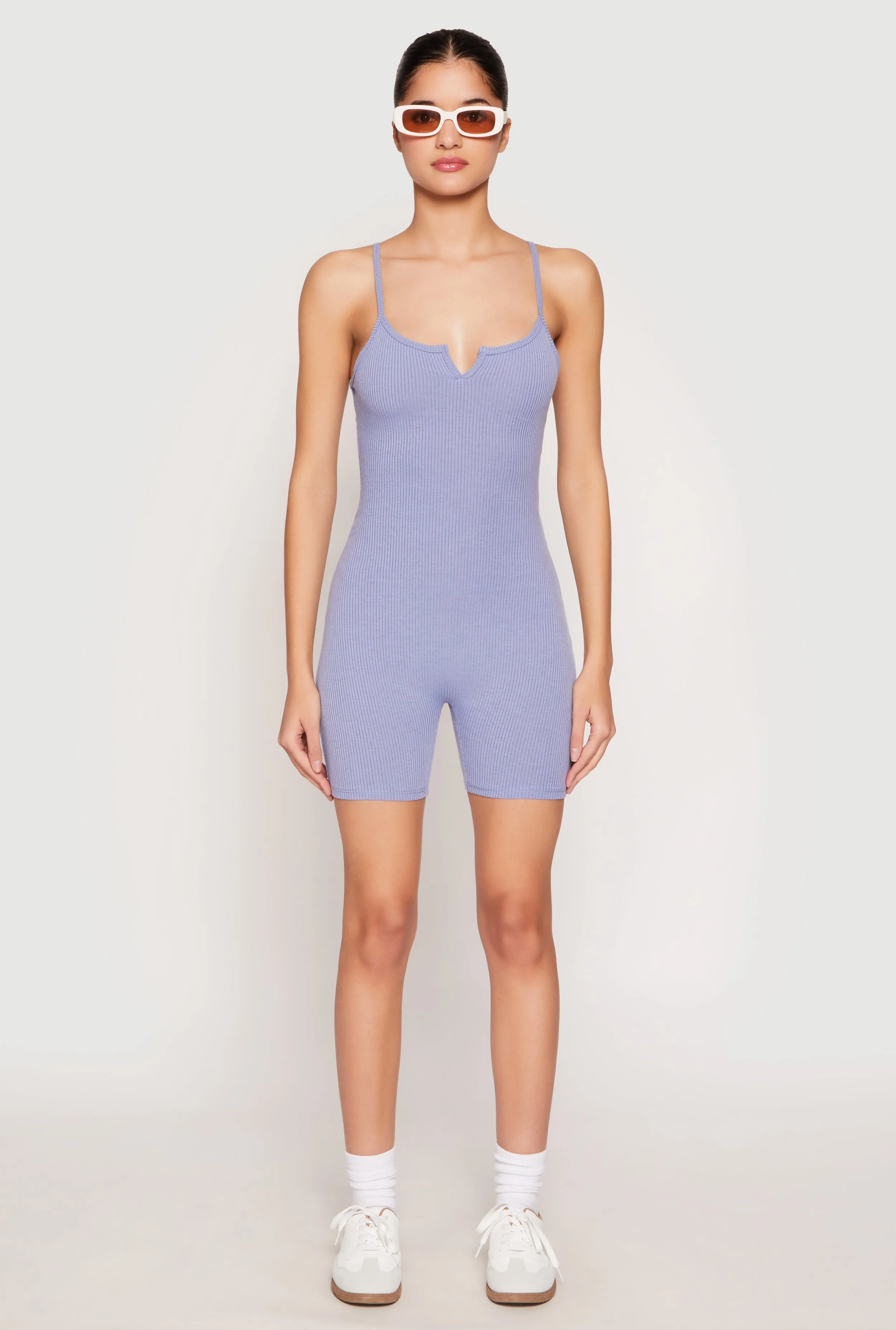 Ribbed Knit Notch Neck Cami Romper sold by Rainbow