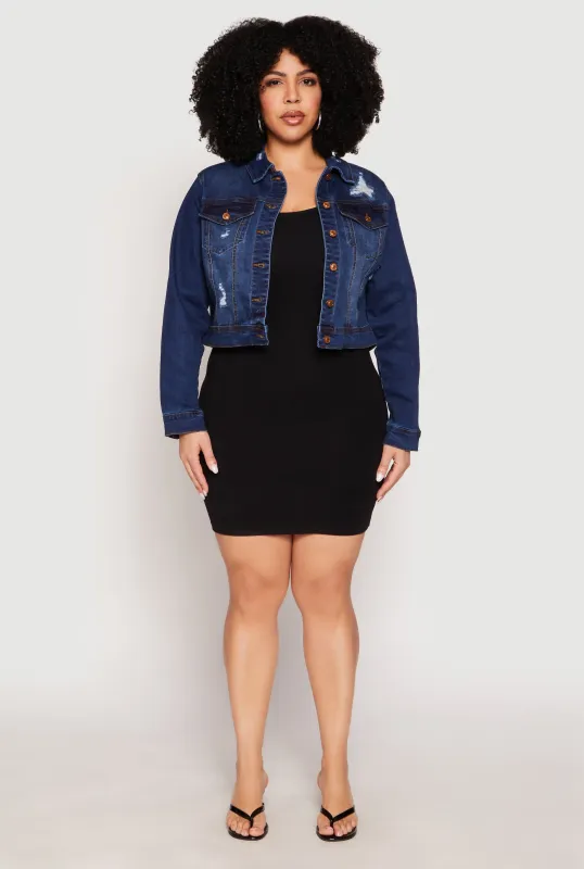 Plus Size WAX Distressed Cropped Denim Jacket sold by Rainbow
