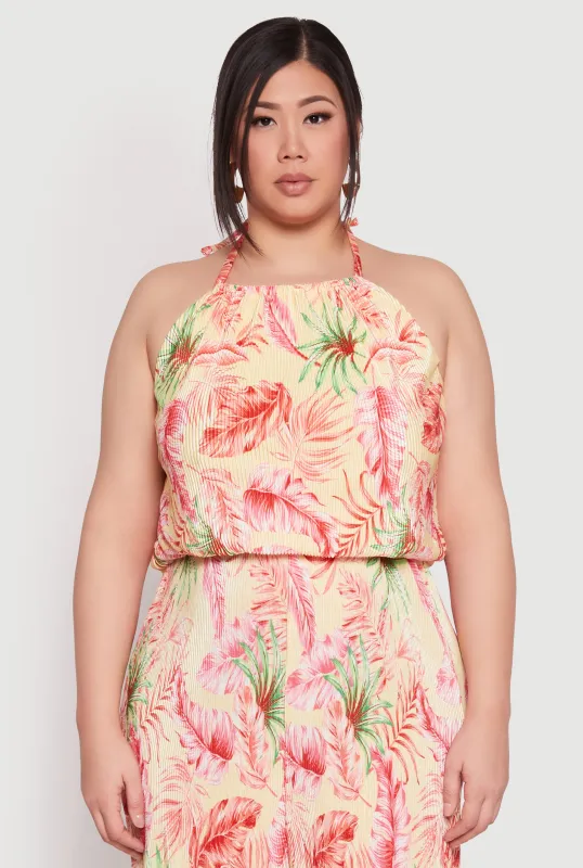 Plus Size Almost Famous Tropical Print Halter Crop Top sold by Rainbow