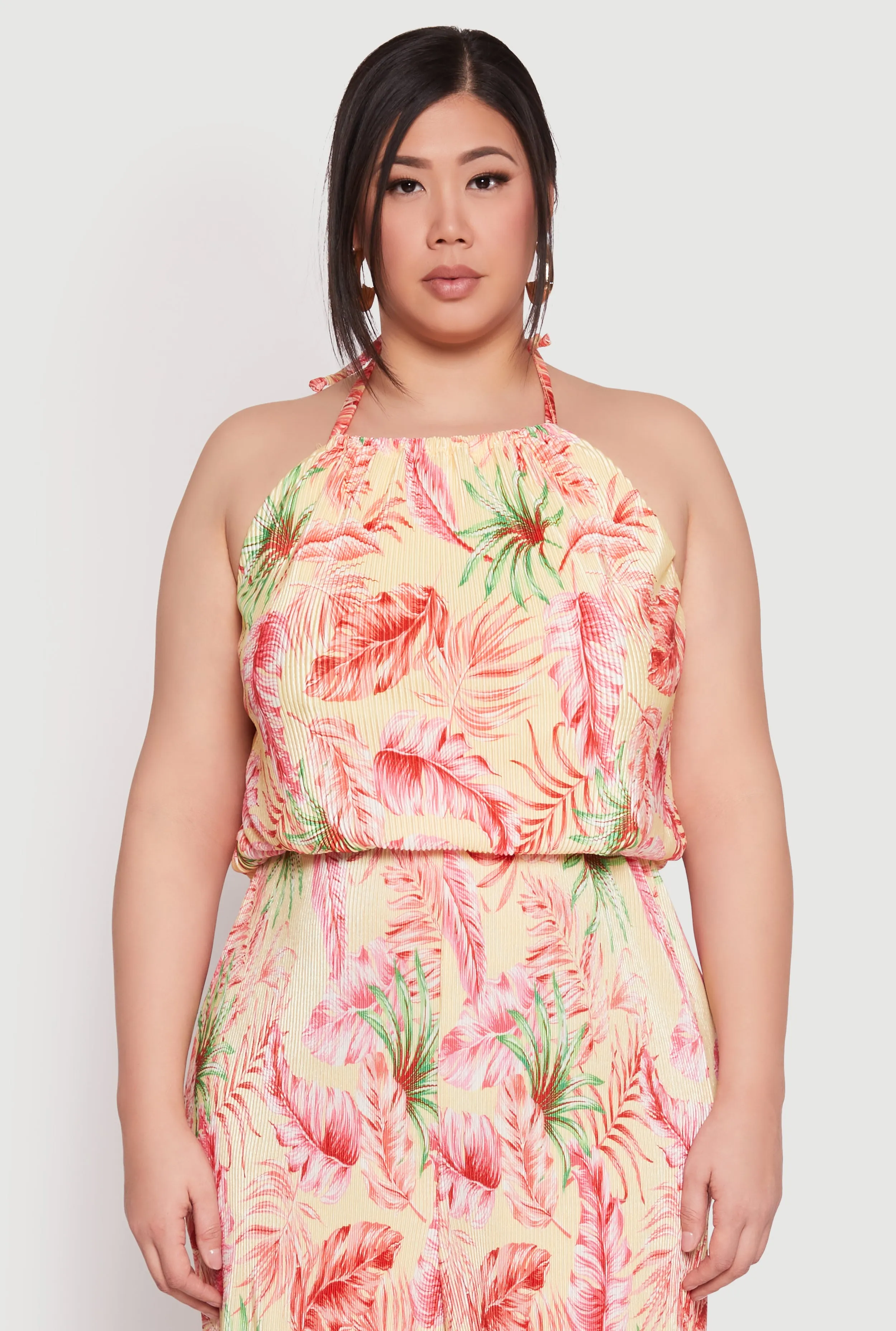 Plus Size Almost Famous Tropical Print Halter Crop Top sold by Rainbow