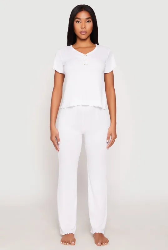Rib Knit Rose Ruched Pajama T Shirt and Wide Leg Pants sold by Rainbow