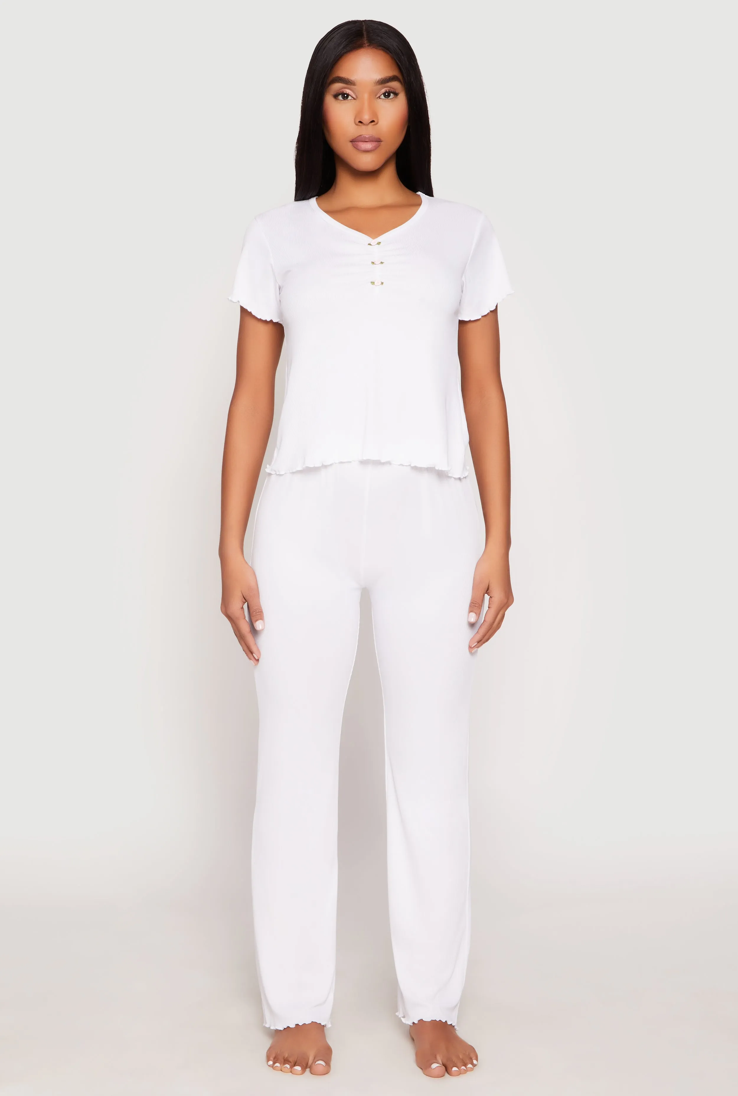 Rib Knit Rose Ruched Pajama T Shirt and Wide Leg Pants sold by Rainbow