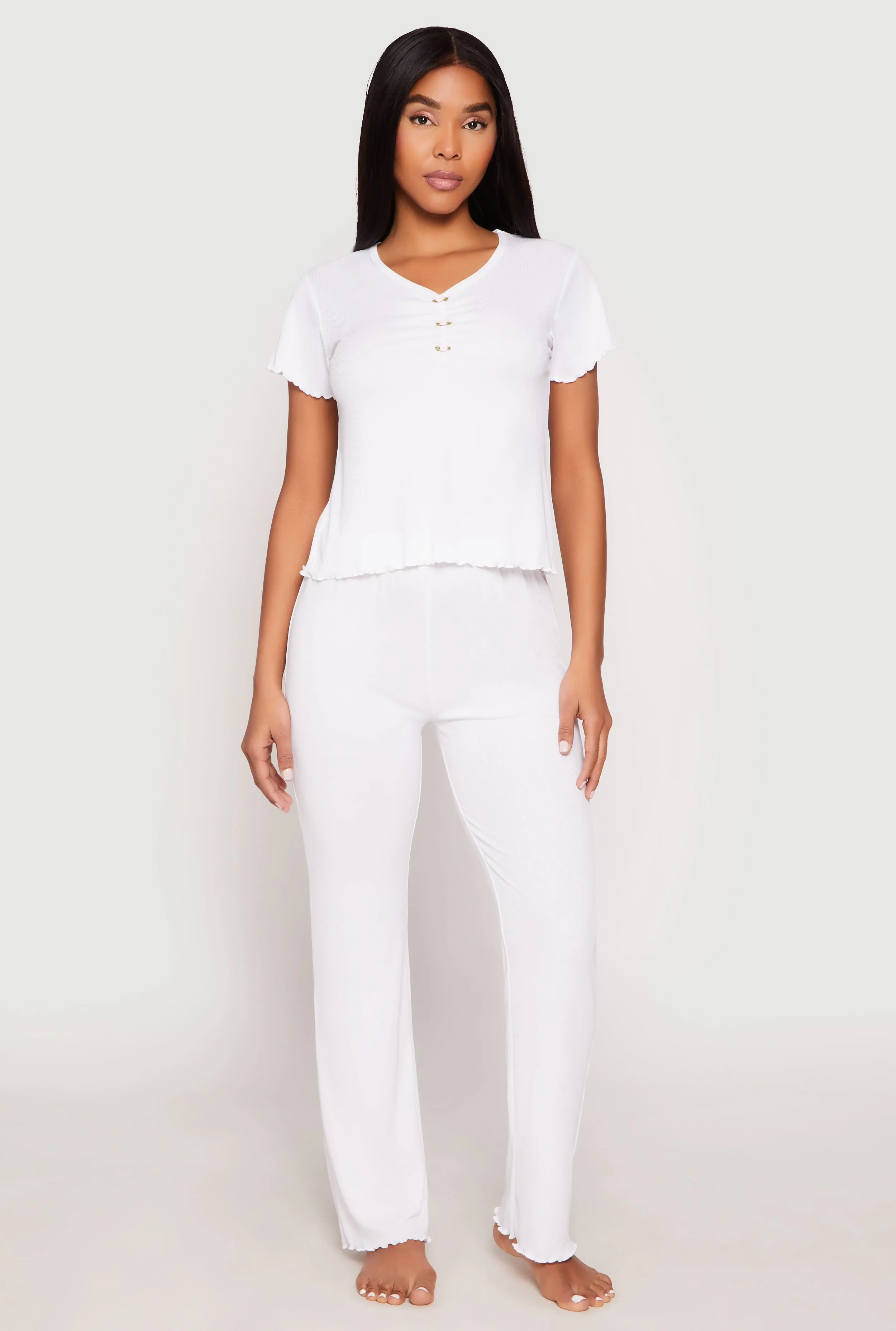 Rib Knit Rose Ruched Pajama T Shirt and Wide Leg Pants sold by Rainbow product image thumbnail 2