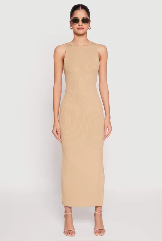 Ribbed Knit Side Slit Tank Maxi Dress sold by Rainbow