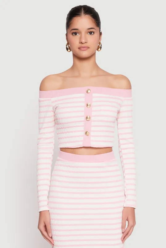 Textured Knit Striped Off the Shoulder Top sold by Rainbow