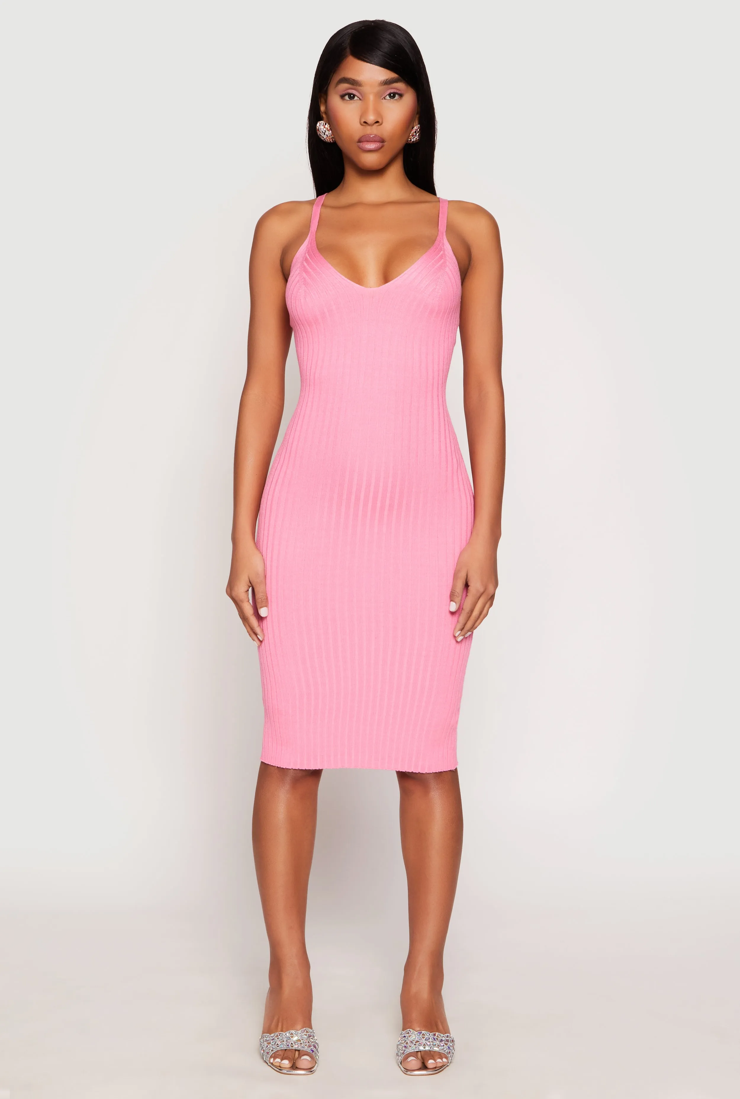 Ribbed Knit V Neck Midi Dress sold by Rainbow