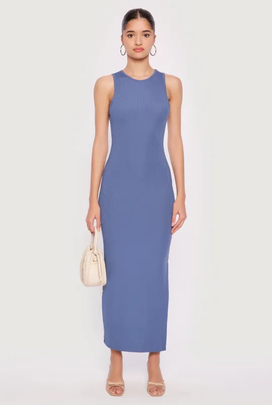 Ribbed Knit Side Slit Tank Maxi Dress sold by Rainbow