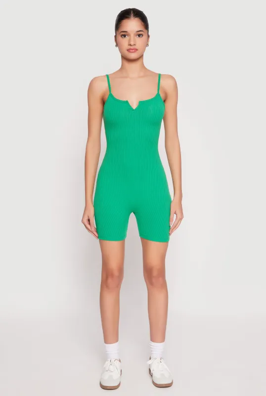 Ribbed Knit Notch Neck Cami Romper sold by Rainbow