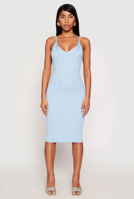 Ribbed Knit V Neck Midi Dress sold by Rainbow