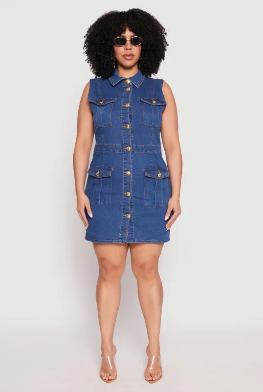 Plus Size Daisy Sleeveless Denim Utility Mini Dress sold by Rainbow