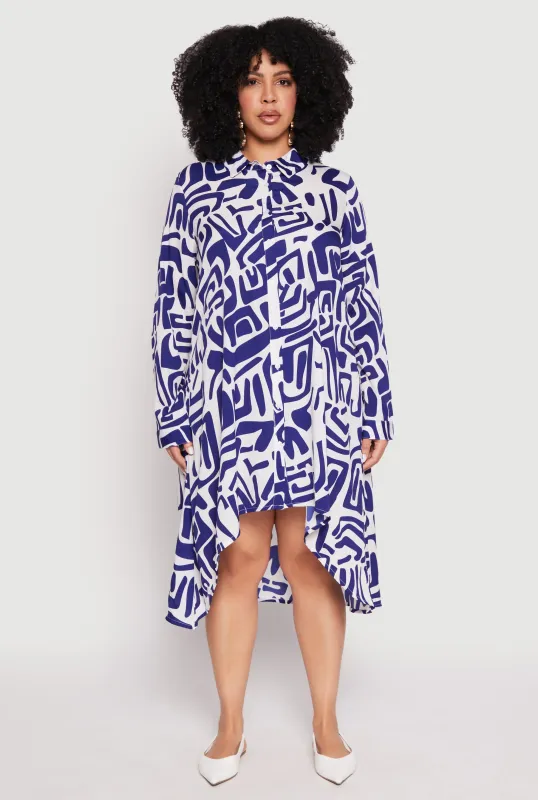 Plus Size Abstract Patterned High Low Shirt Dress sold by Rainbow
