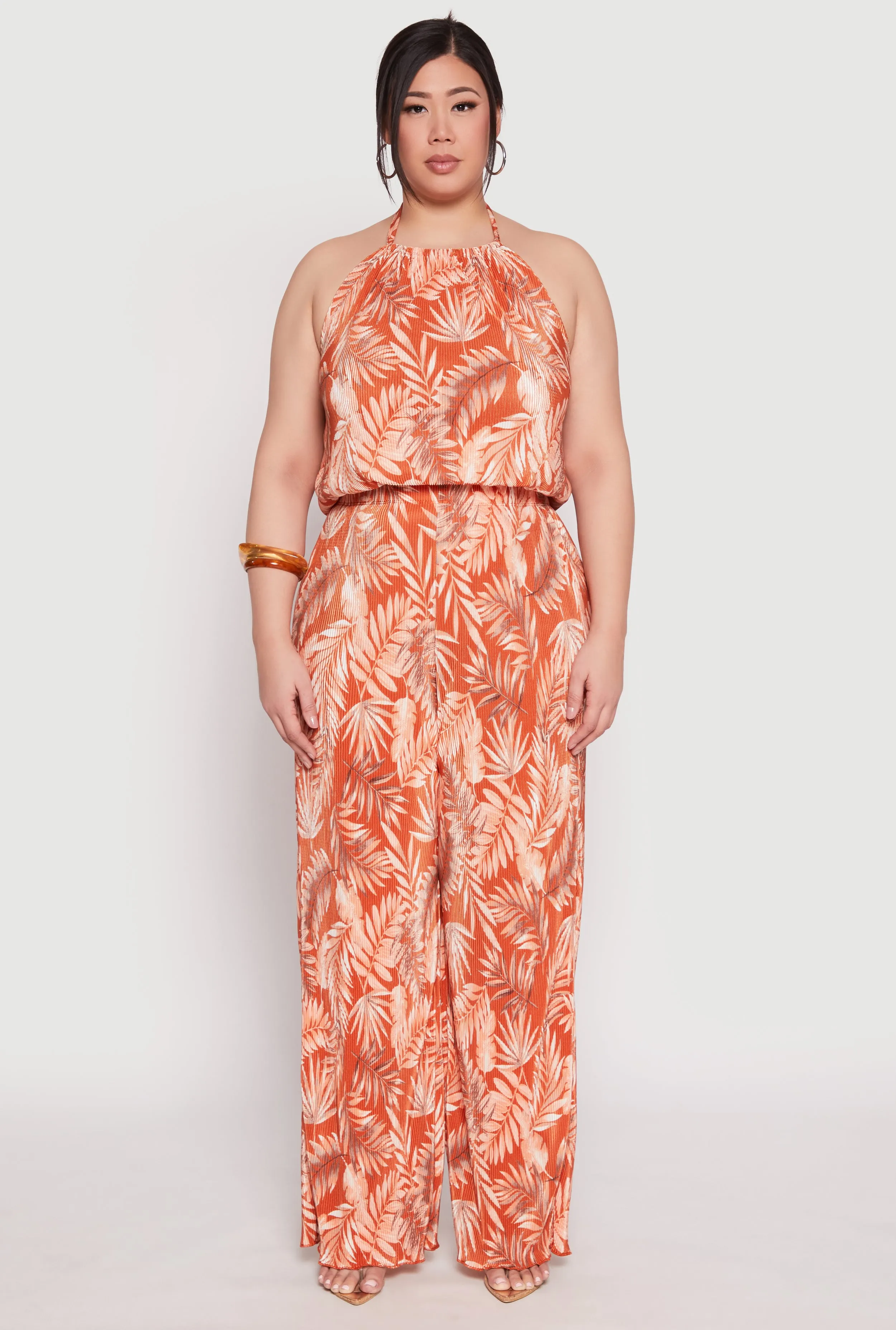 Plus Size Almost Famous Plisse Leaf Print Pants sold by Rainbow