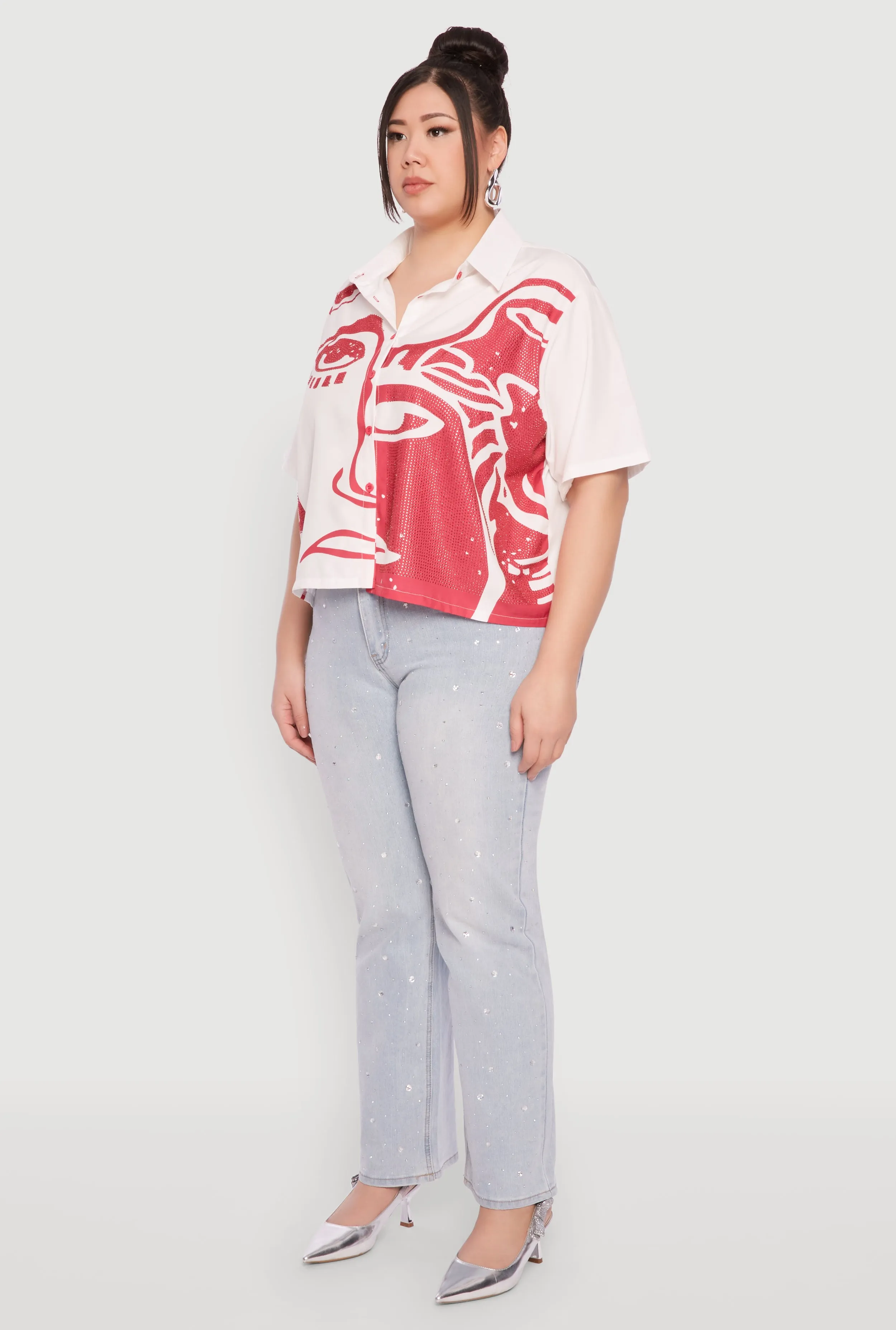 Plus Size Rhinestone Abstract Face Graphic Shirt sold by Rainbow product image thumbnail 5