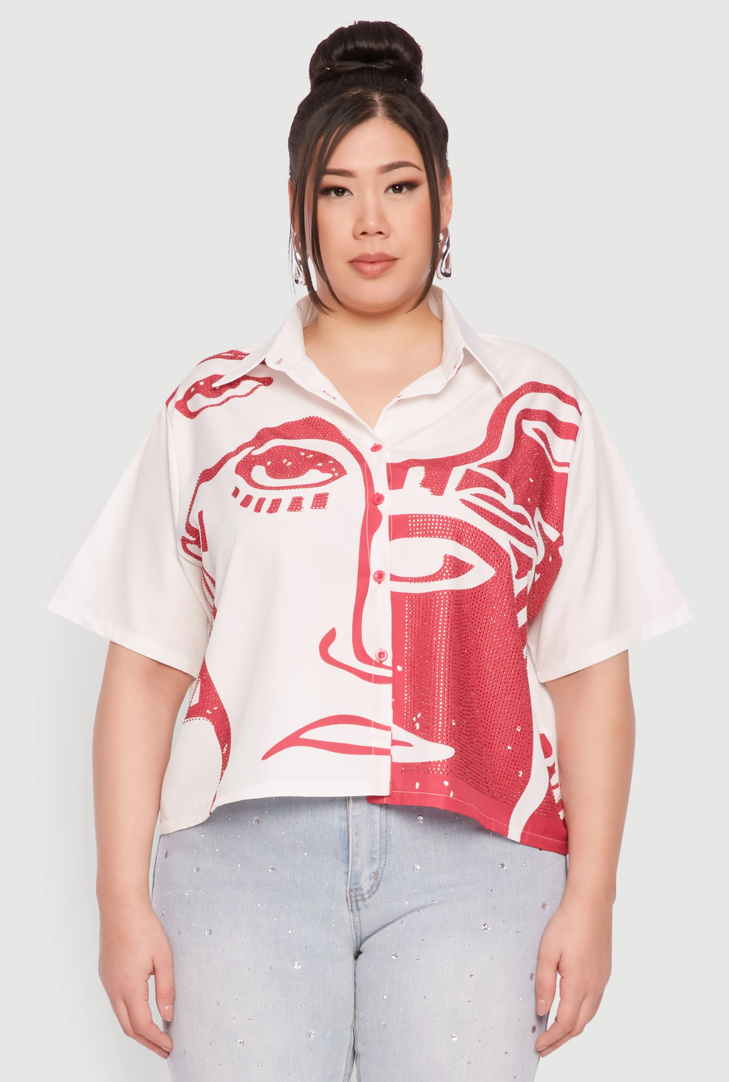 Plus Size Rhinestone Abstract Face Graphic Shirt sold by Rainbow product image thumbnail 2