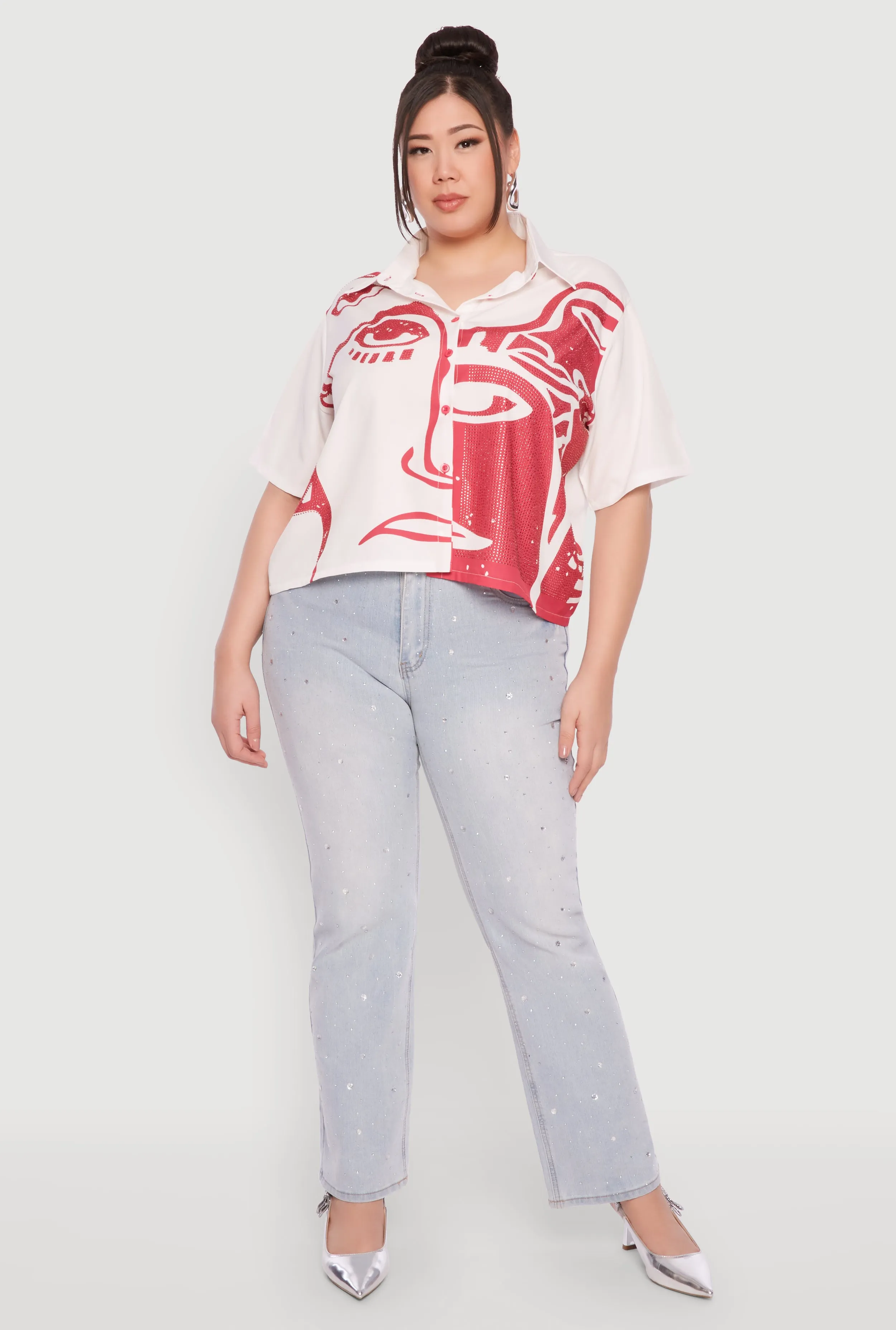 Plus Size Rhinestone Abstract Face Graphic Shirt sold by Rainbow product image thumbnail 3