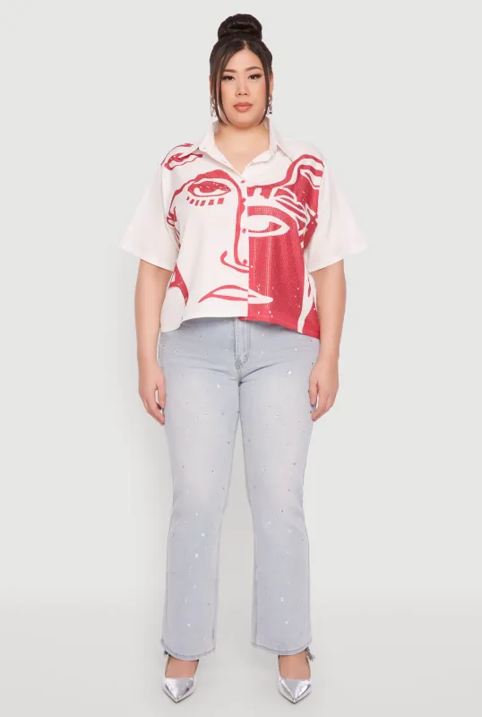 Plus Size Rhinestone Abstract Face Graphic Shirt sold by Rainbow