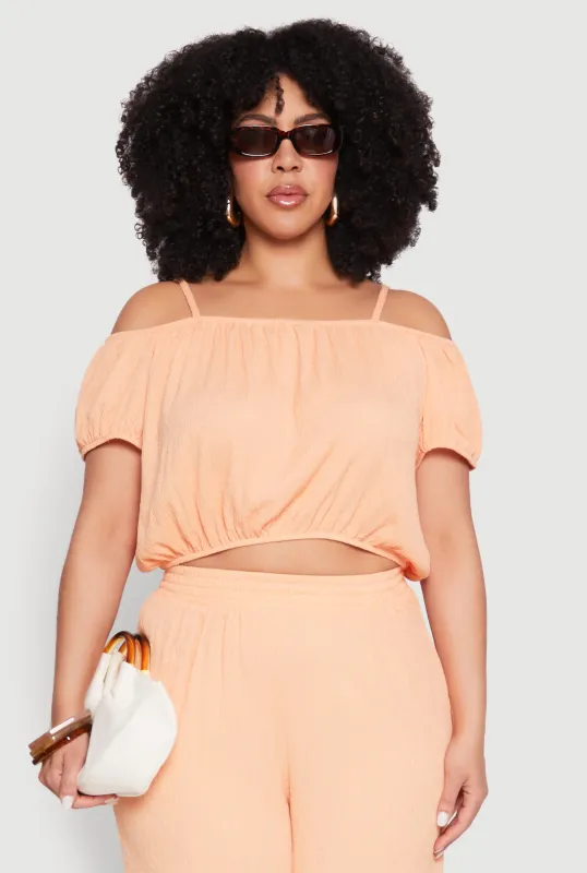 Plus Size Almost Famous Textured Knit Cold Shoulder Crop Top sold by Rainbow