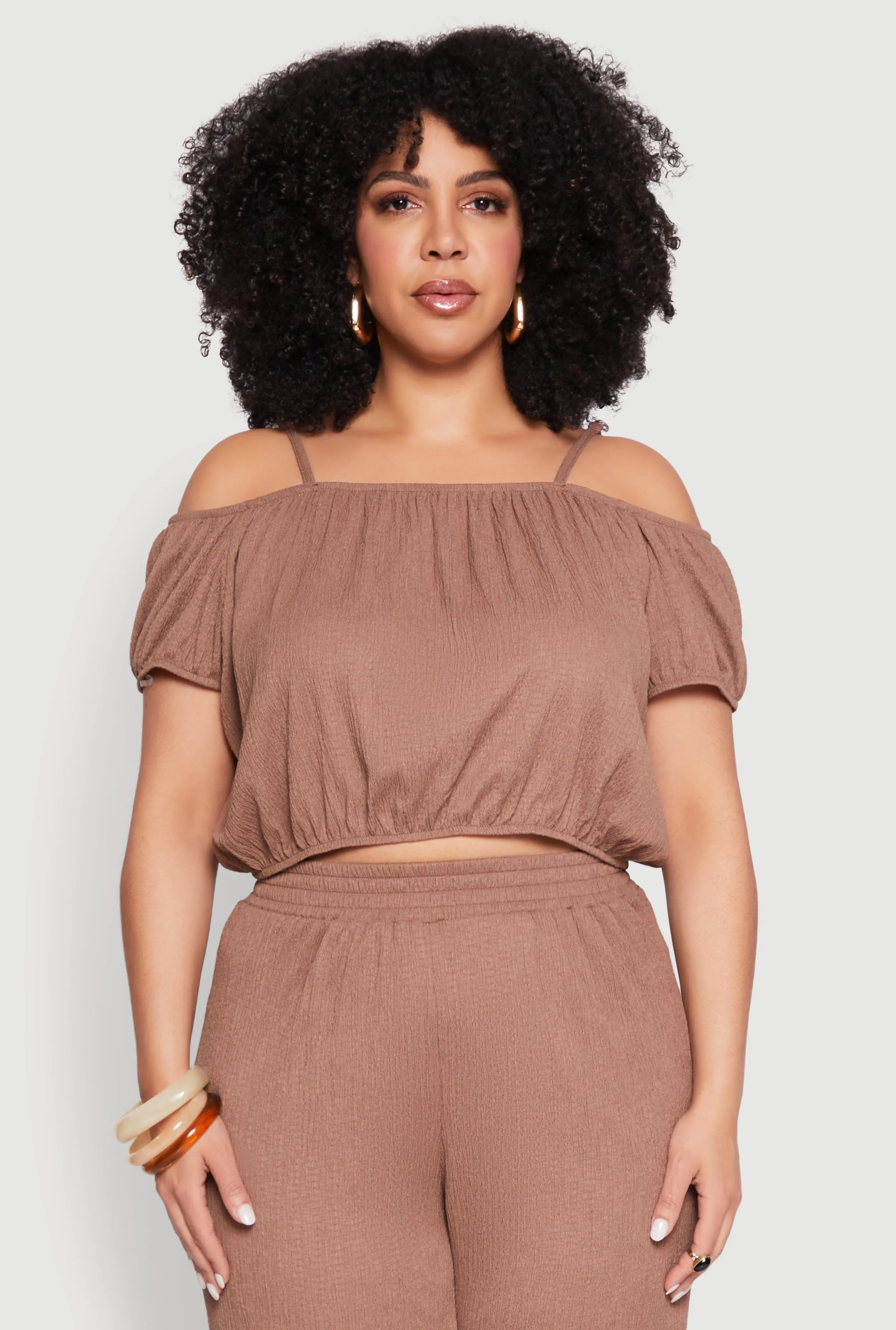 Plus Size Almost Famous Textured Knit Cold Shoulder Crop Top sold by Rainbow