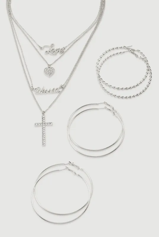 Cubic Zirconia Heart Charm Layered Necklace with Hoop Earring Trio sold by Rainbow