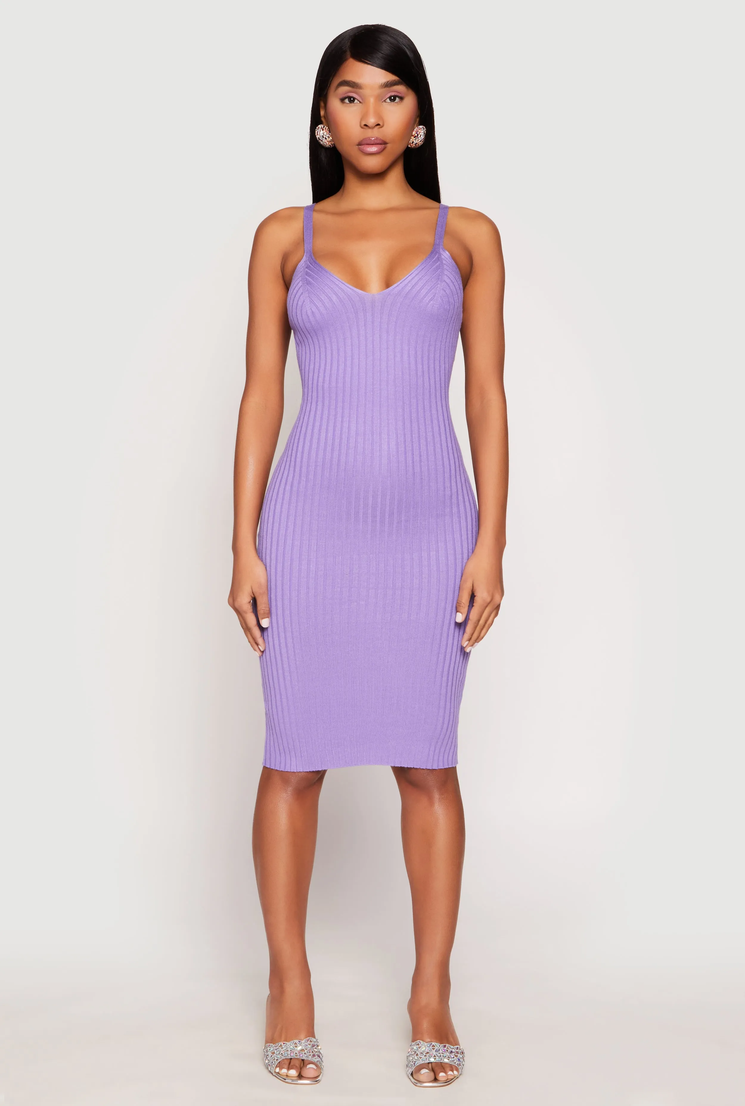 Ribbed Knit V Neck Midi Dress sold by Rainbow