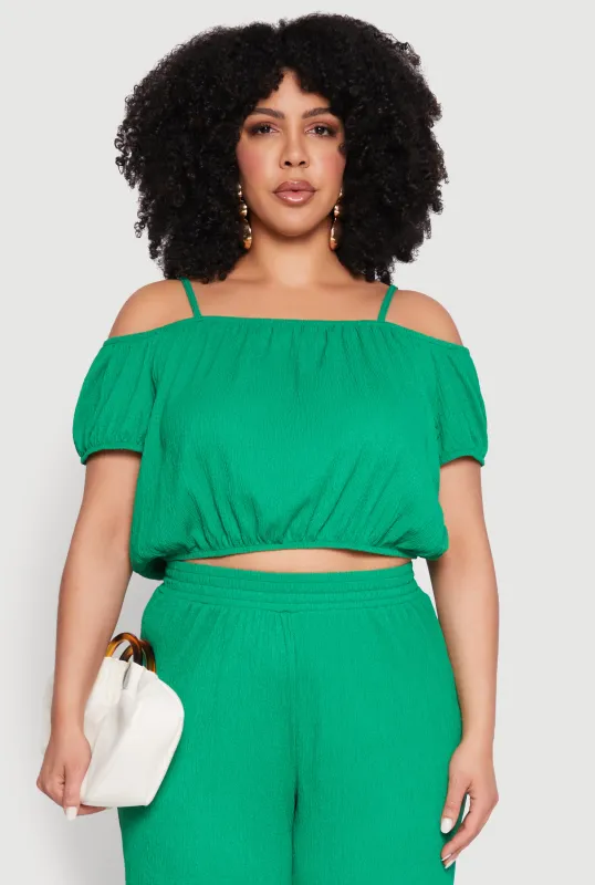 Plus Size Almost Famous Textured Knit Cold Shoulder Crop Top sold by Rainbow