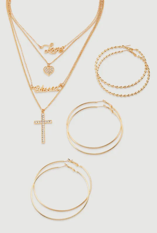 Cubic Zirconia Heart Charm Layered Necklace with Hoop Earring Trio sold by Rainbow