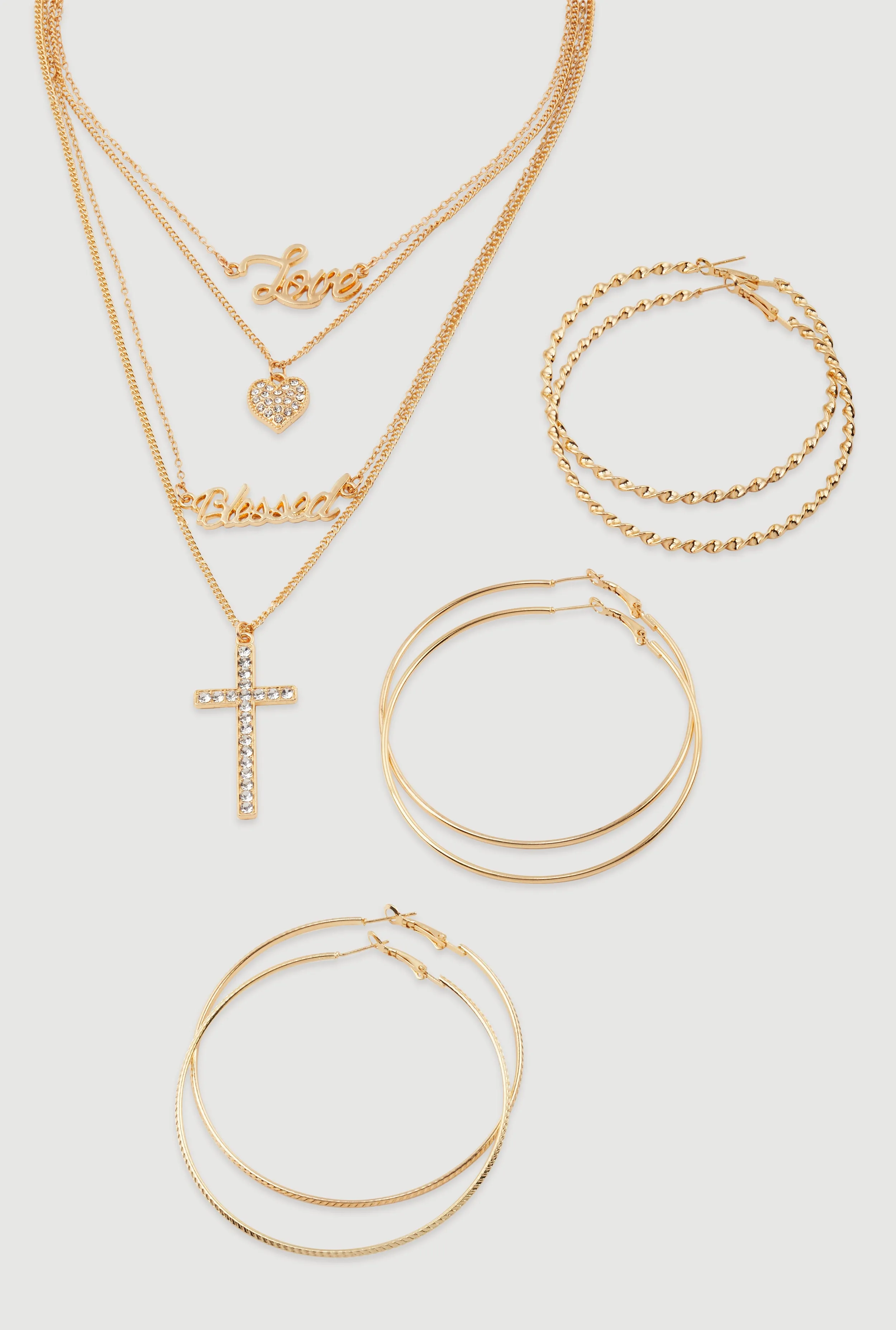 Cubic Zirconia Heart Charm Layered Necklace with Hoop Earring Trio sold by Rainbow