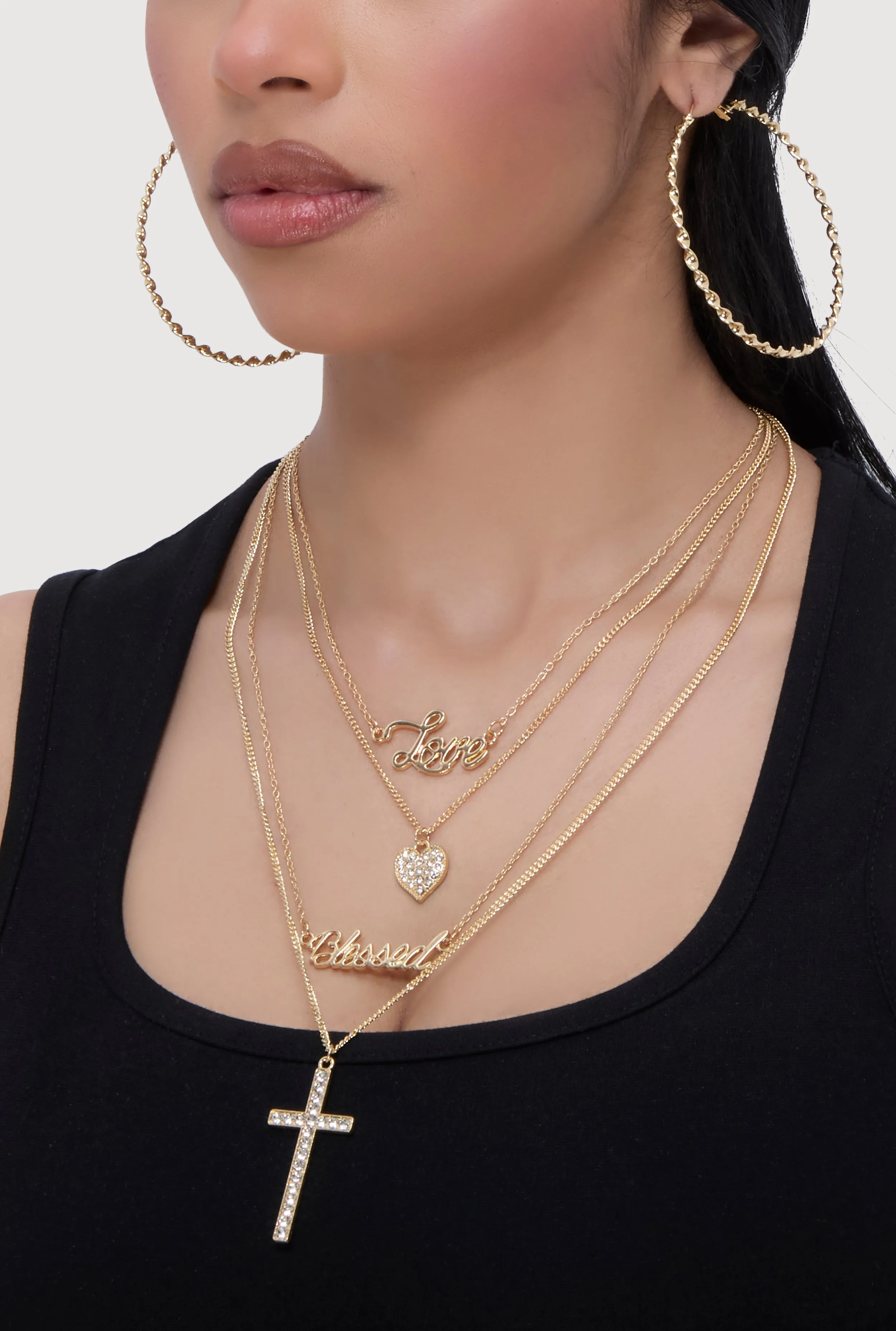 Cubic Zirconia Heart Charm Layered Necklace with Hoop Earring Trio sold by Rainbow product image thumbnail 2