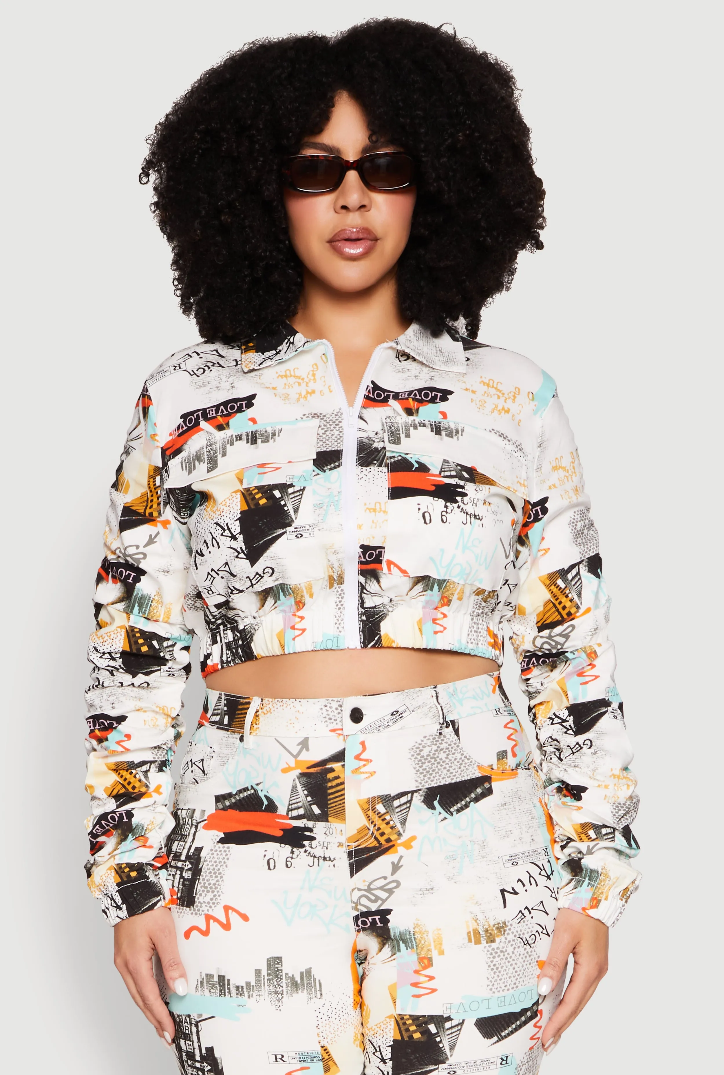 Plus Size Graphic Print Ruched Sleeve Cropped Jacket sold by Rainbow