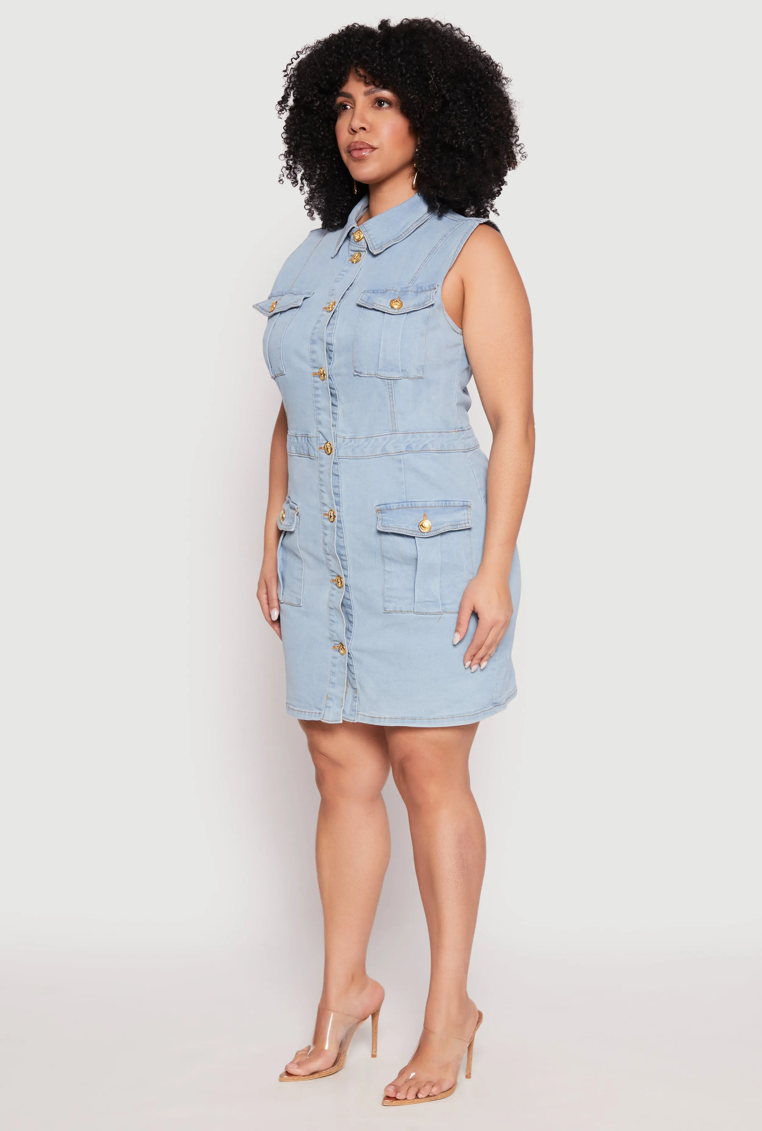 Plus Size Daisy Sleeveless Denim Utility Mini Dress sold by Rainbow product image thumbnail 3