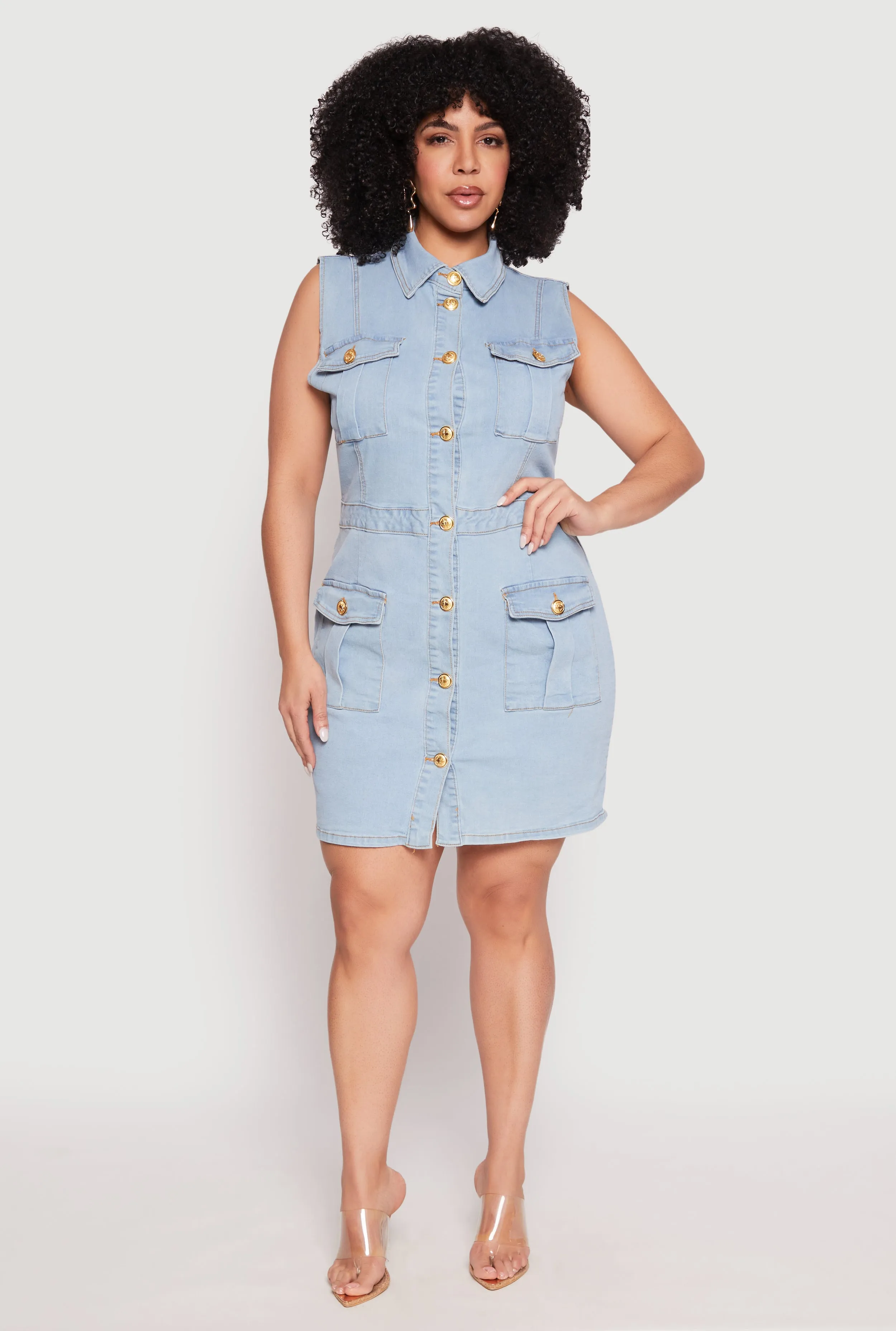 Plus Size Daisy Sleeveless Denim Utility Mini Dress sold by Rainbow product image thumbnail 2