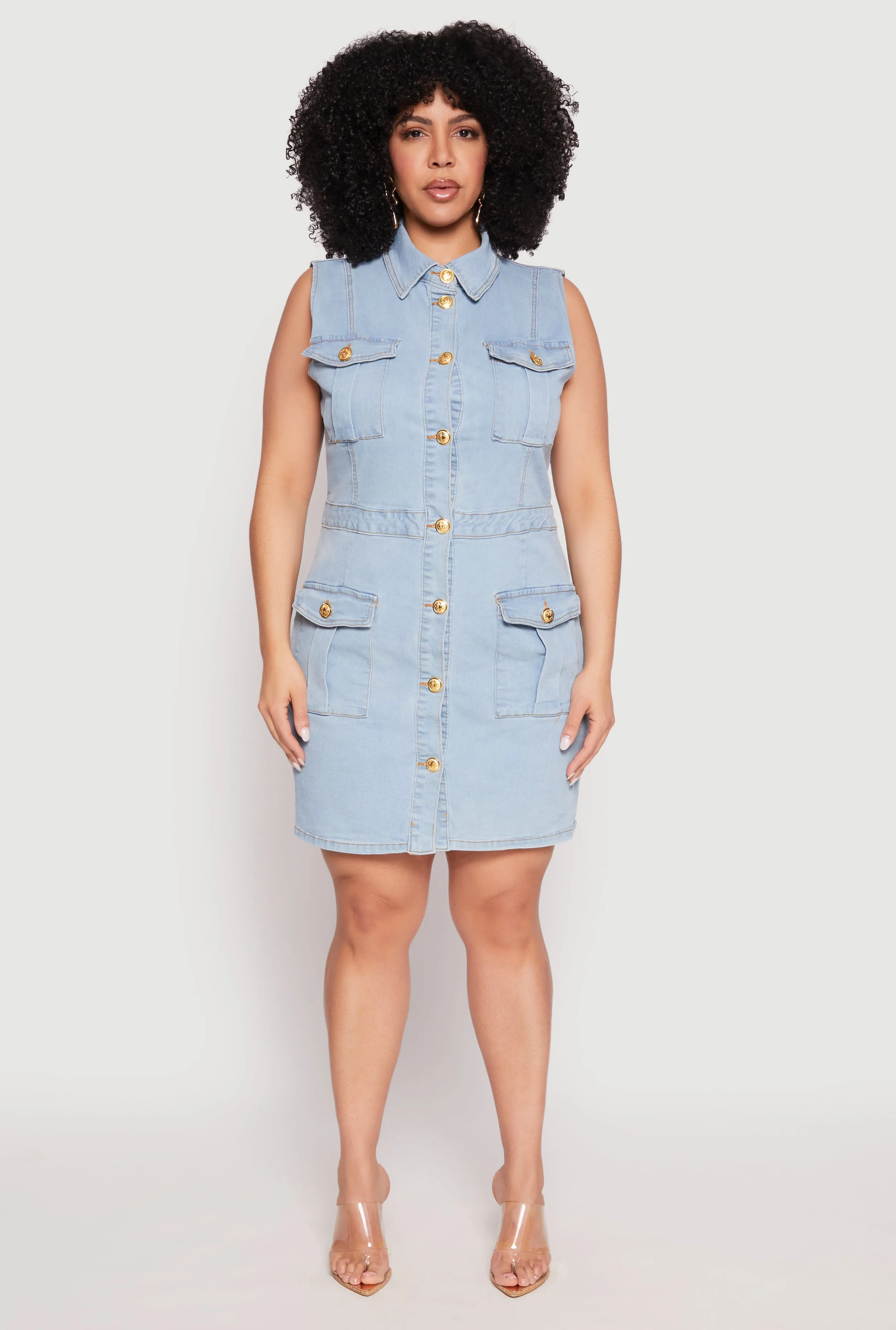 Plus Size Daisy Sleeveless Denim Utility Mini Dress sold by Rainbow