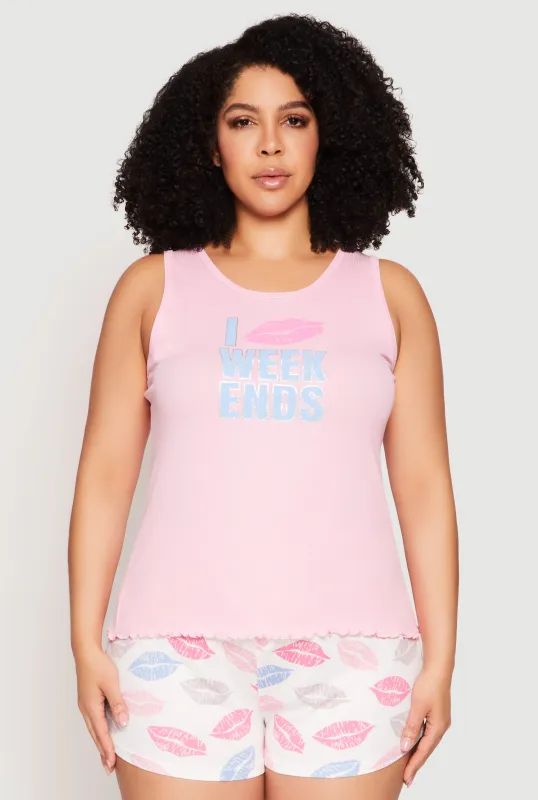 Plus Size Graphic Pajama Tank Top and Lip Print Shorts sold by Rainbow