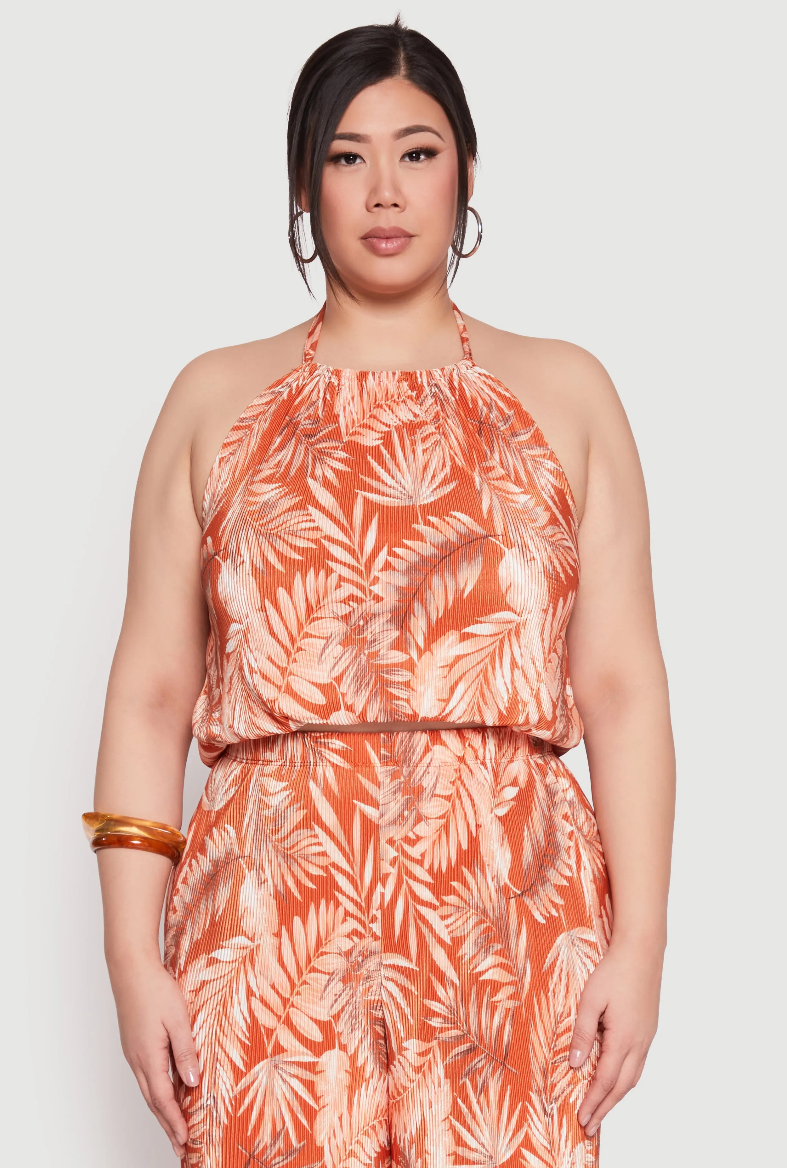 Plus Size Almost Famous Plisse Leaf Print Halter Top sold by Rainbow