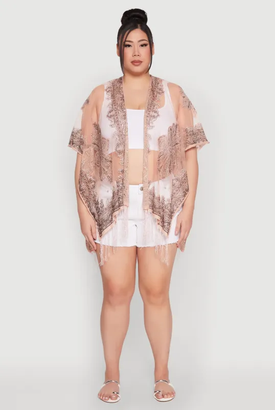 Paisley Pattern Fringe Cover Up Kimono sold by Rainbow