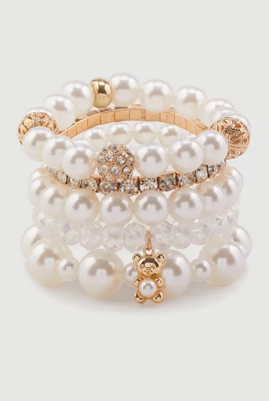 Assorted Faux Pearl Beaded Stretch Charm Bracelets Set of 5 sold by Rainbow