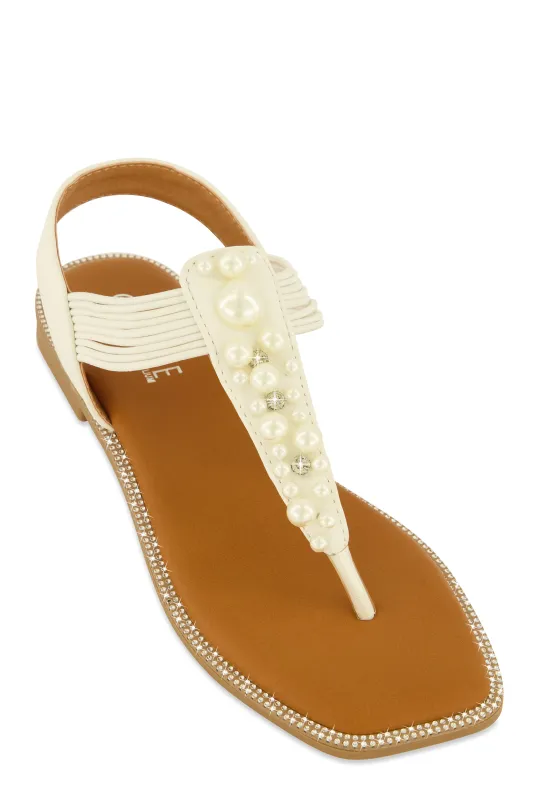 Faux Pearl Studded Ankle Strap Thong Sandals sold by Rainbow