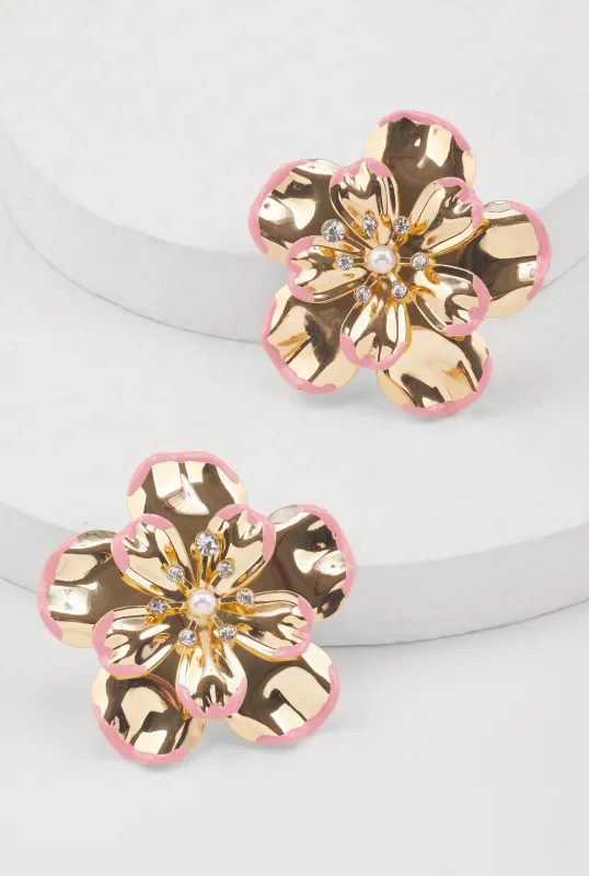 Metallic Flower Stud Earrings sold by Rainbow