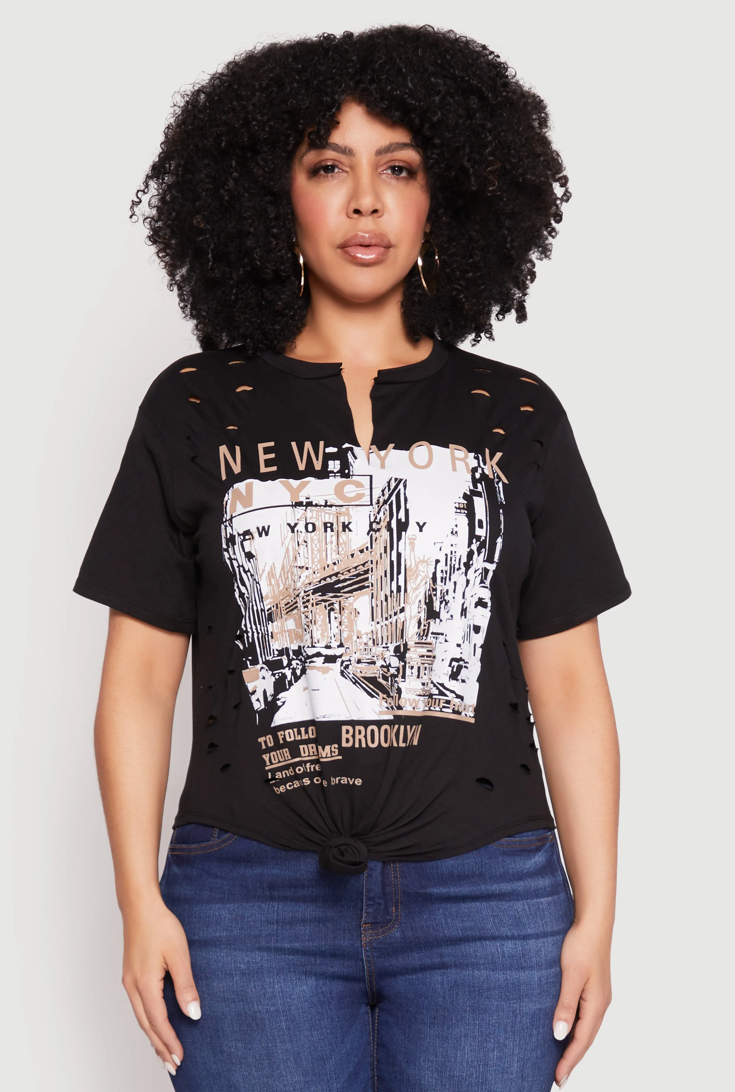 Plus Size Slashed New York Graphic Knot Front Tee sold by Rainbow