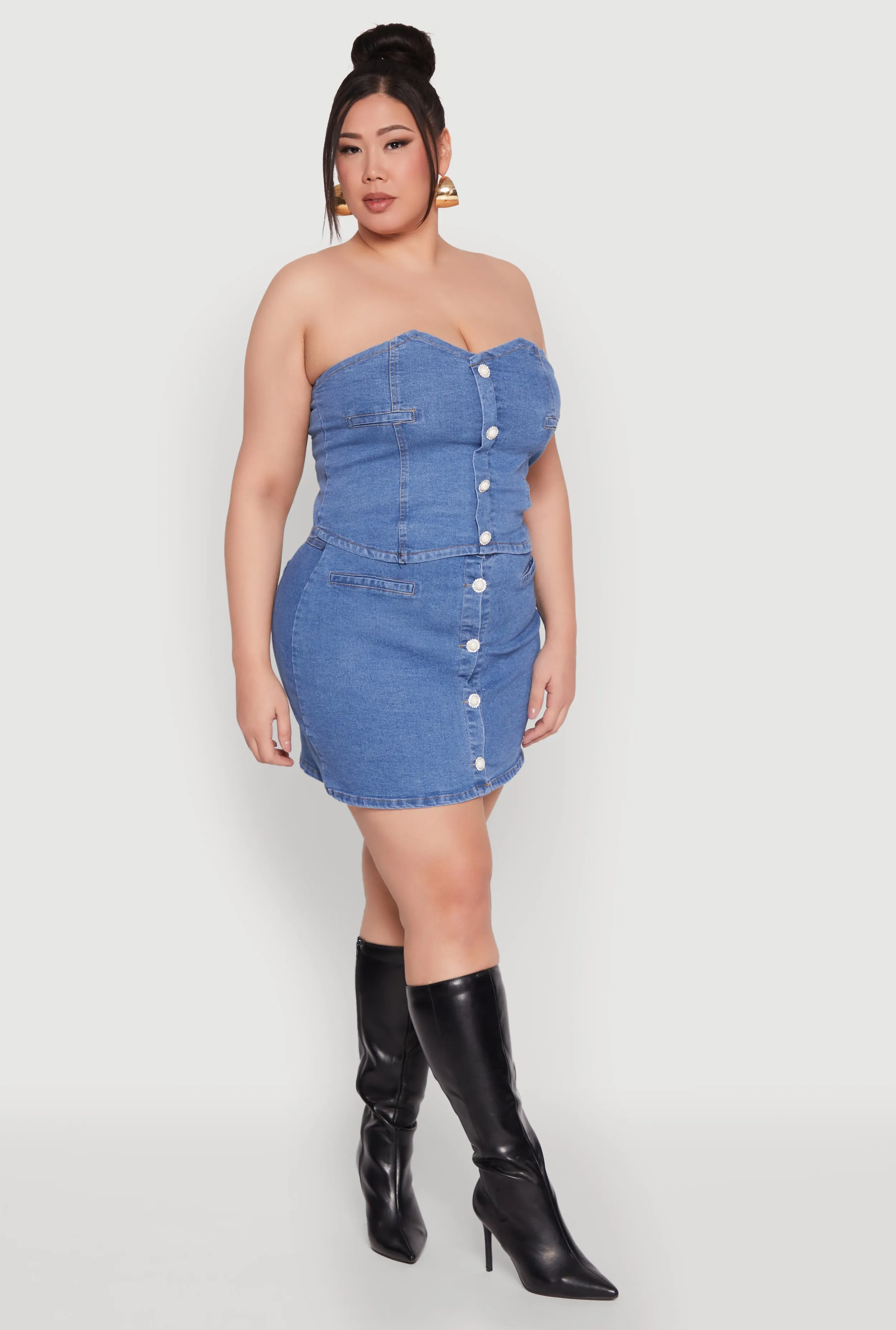 Plus Size Faux Button Front Denim Tube Top sold by Rainbow product image thumbnail 3