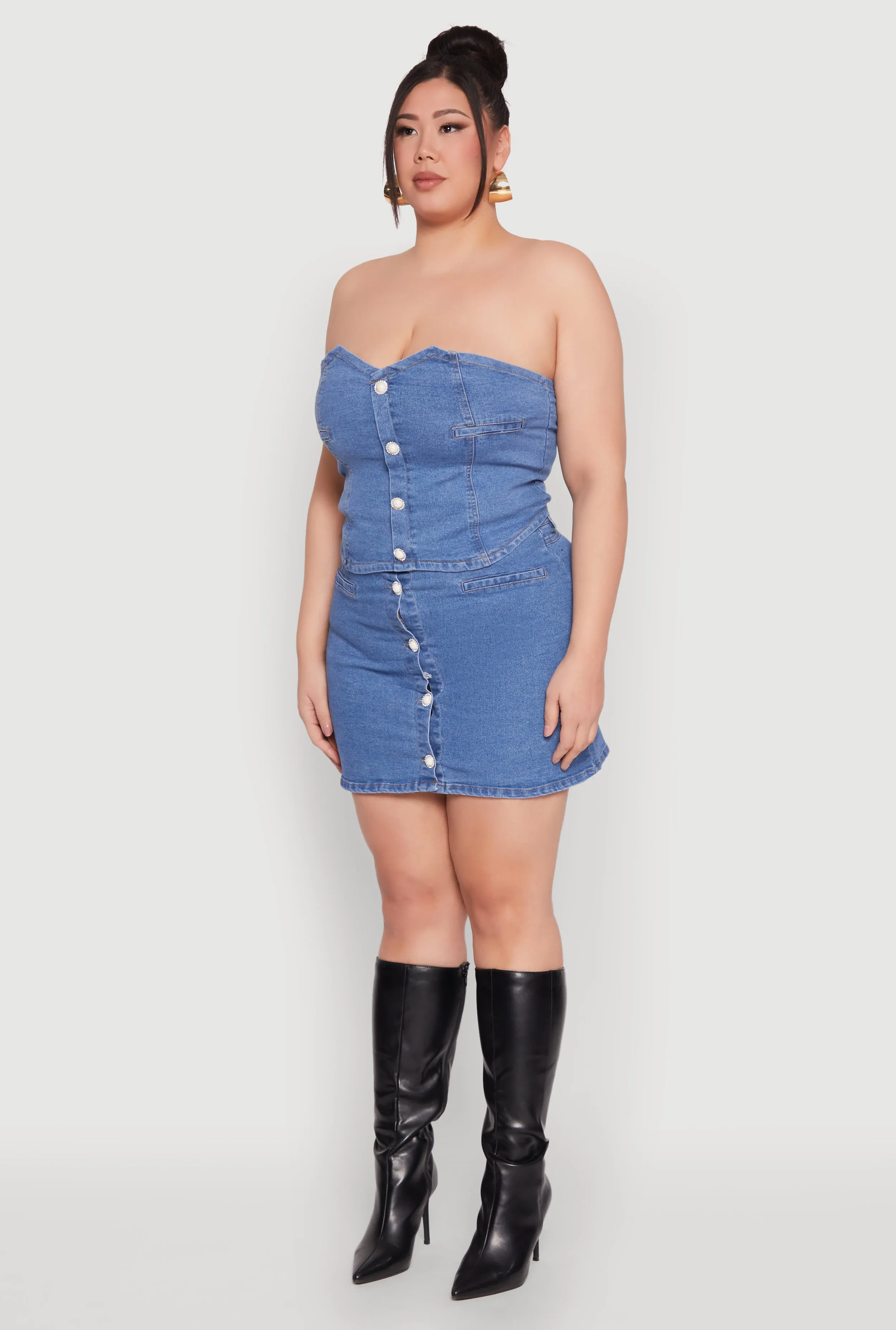 Plus Size Faux Button Front Denim Tube Top sold by Rainbow product image thumbnail 5