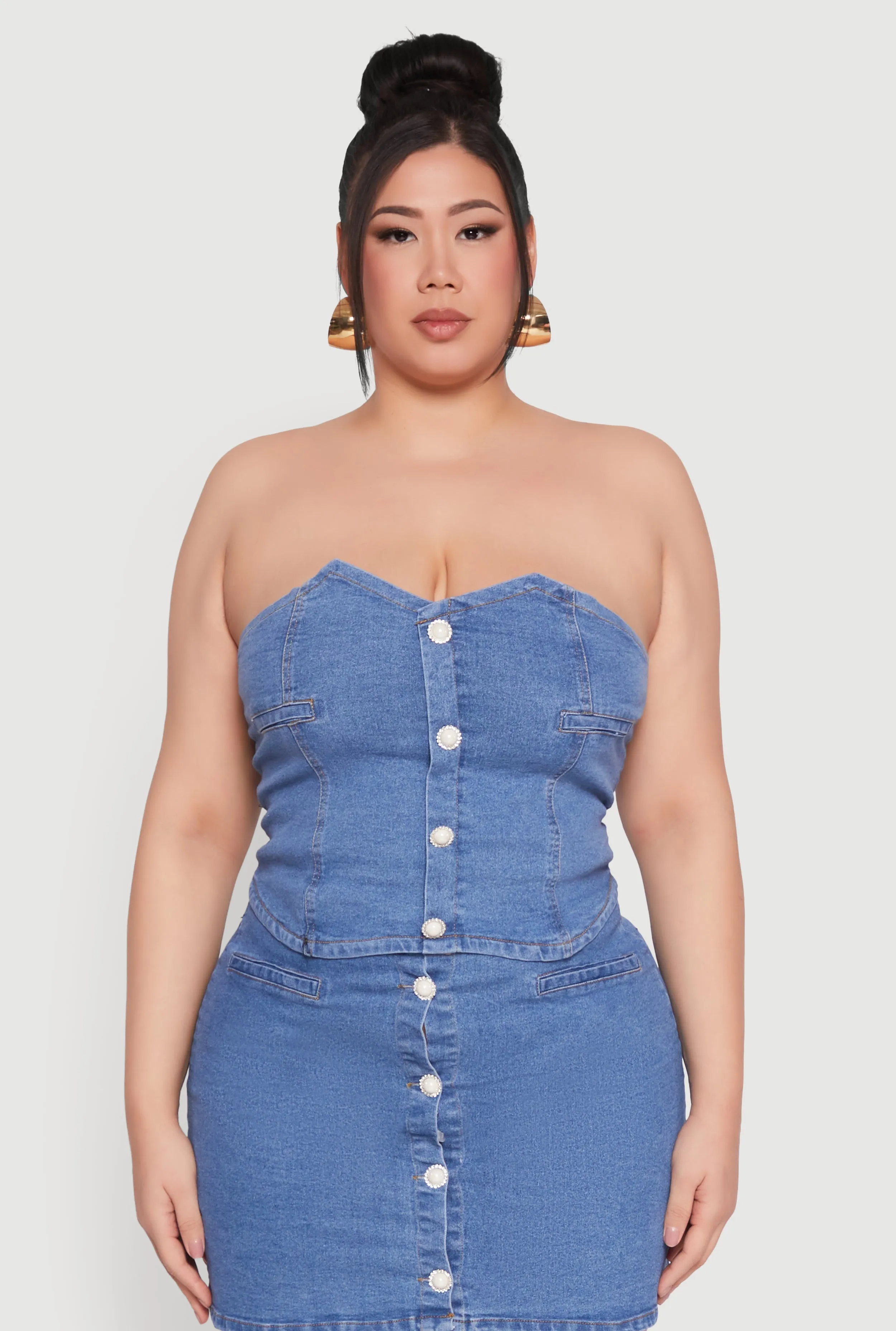 Plus Size Faux Button Front Denim Tube Top sold by Rainbow