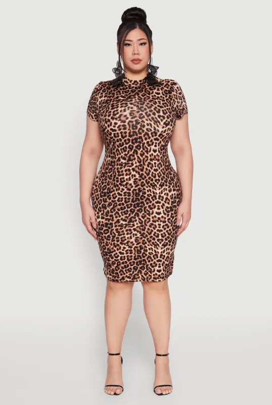 Plus Size Leopard Print Mock Neck Dress sold by Rainbow