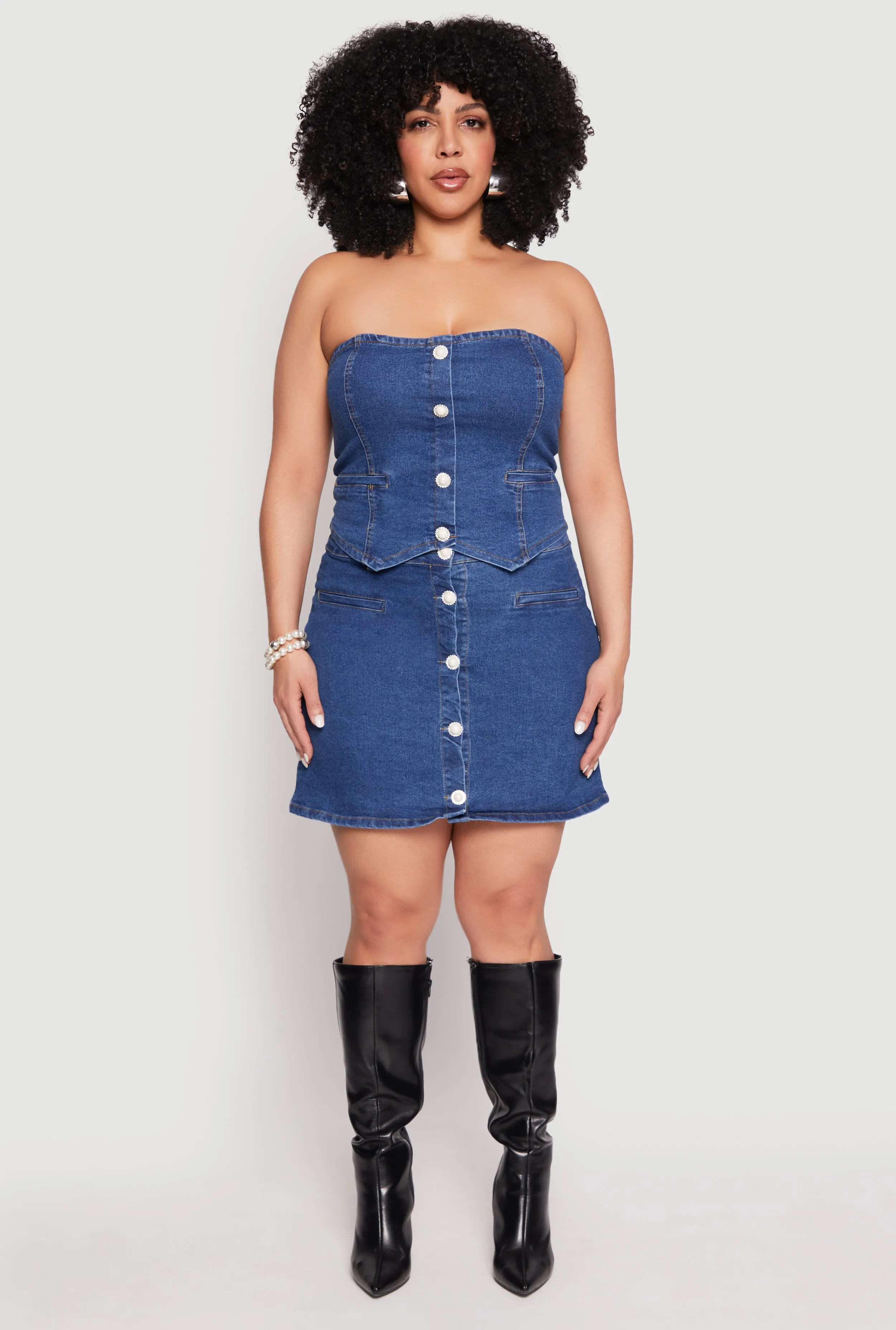 Plus Size Faux Button Front Denim Tube Top sold by Rainbow product image thumbnail 2