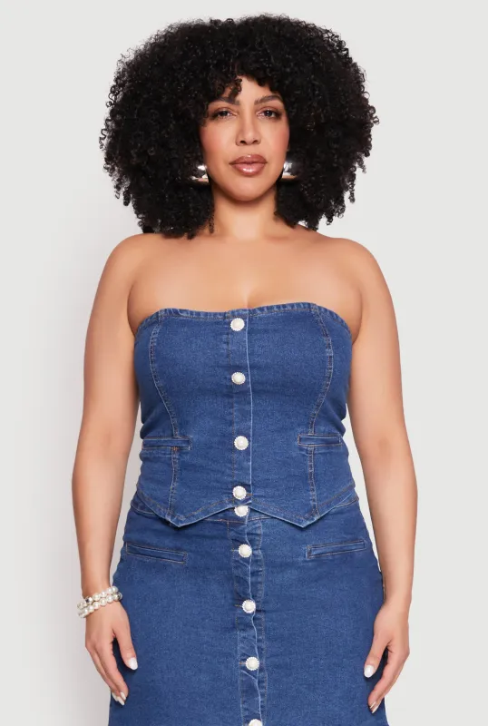 Plus Size Faux Button Front Denim Tube Top sold by Rainbow