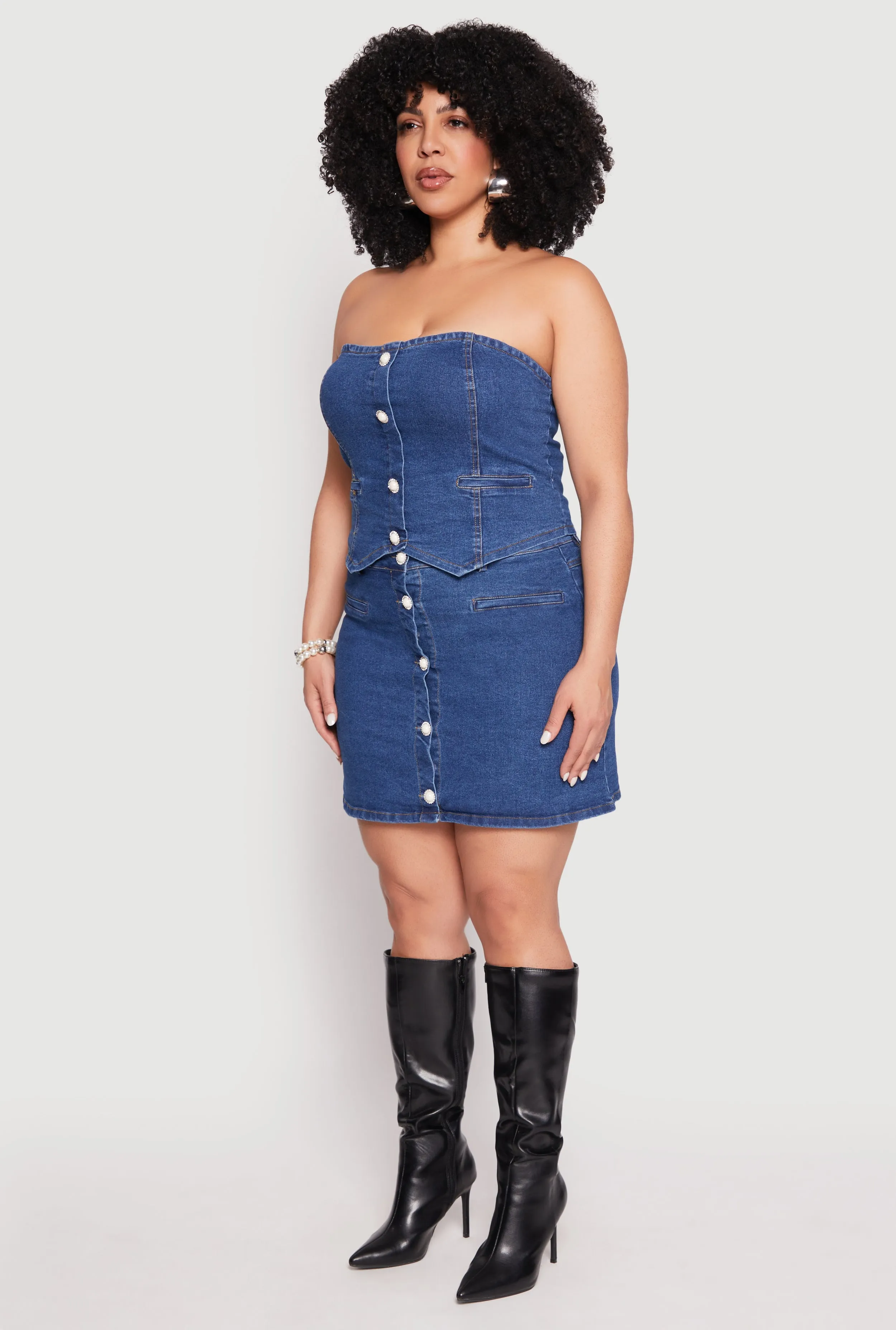 Plus Size Faux Button Front Denim Tube Top sold by Rainbow product image thumbnail 5