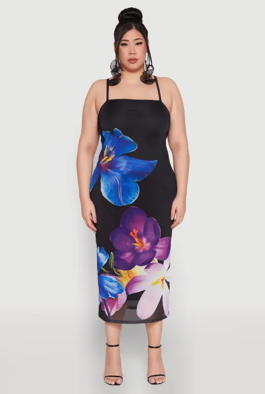 Plus Size Mesh Floral Print Midi Dress sold by Rainbow