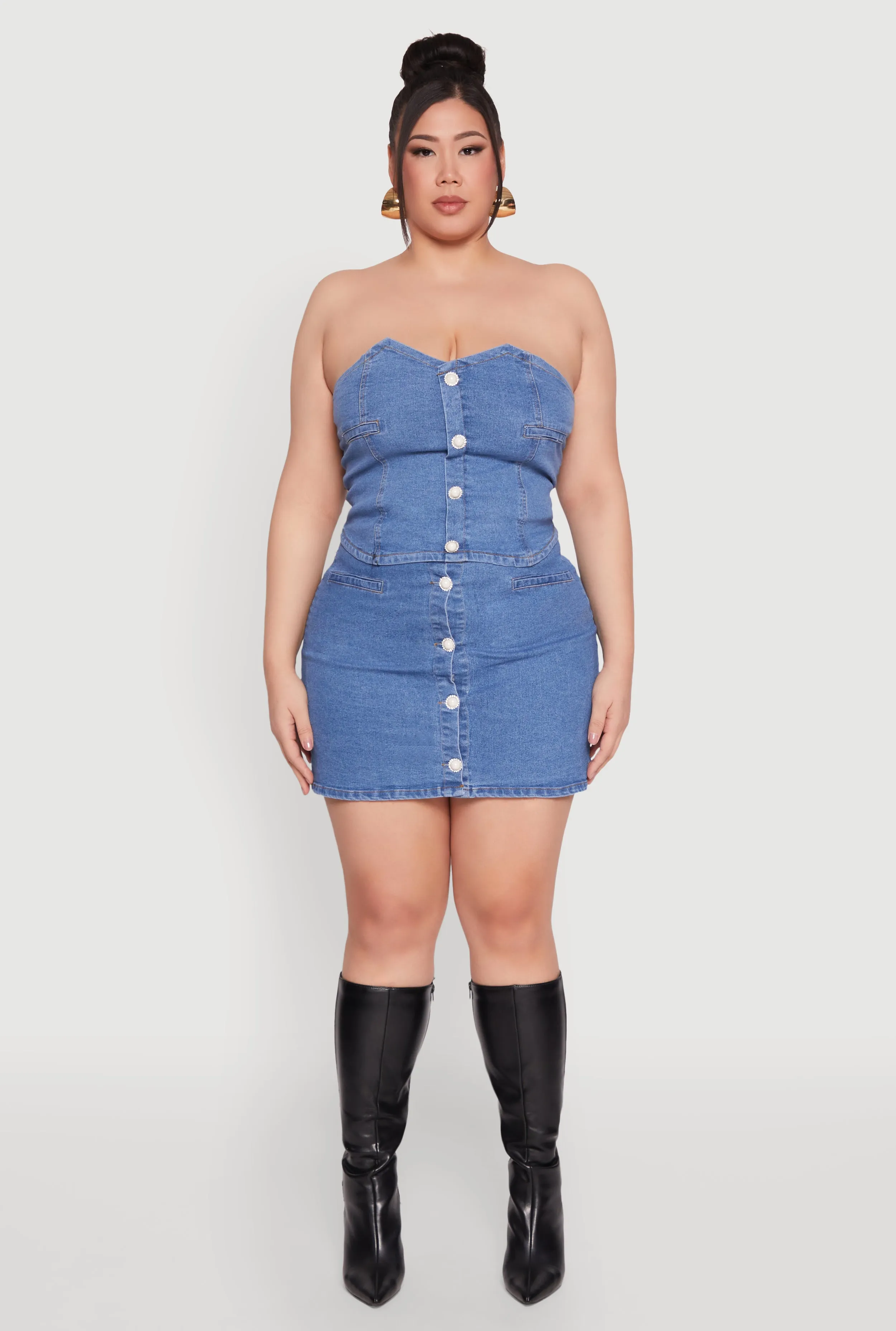 Plus Size Button Front Denim Mini Skirt sold by Rainbow